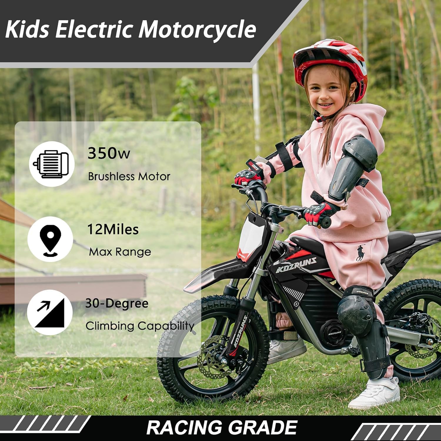 OLALA 36V Electric Dirt Bike for Kids 4-8, 350W Brushless Motor with 3-Speed Control, 18.6 MPH Max Speed, 14' Off-Road Tires Motorcycle, for Boys & Girls, Black