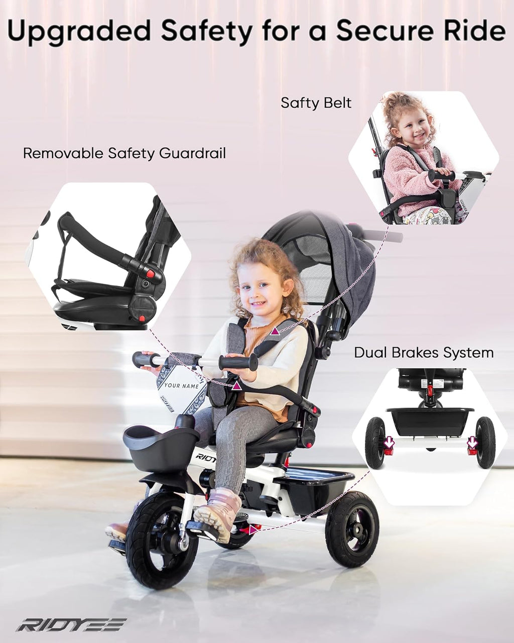 RIDYEE 7-in-1 Tricycle for 18 Months to 5 Years, All-Terrain Rubber Tires, Dual Wheel Brakes, Rotatable Seat for Toddlers 1.5-3, Tricycle for 3-5 Years with DIY Stickers, White
