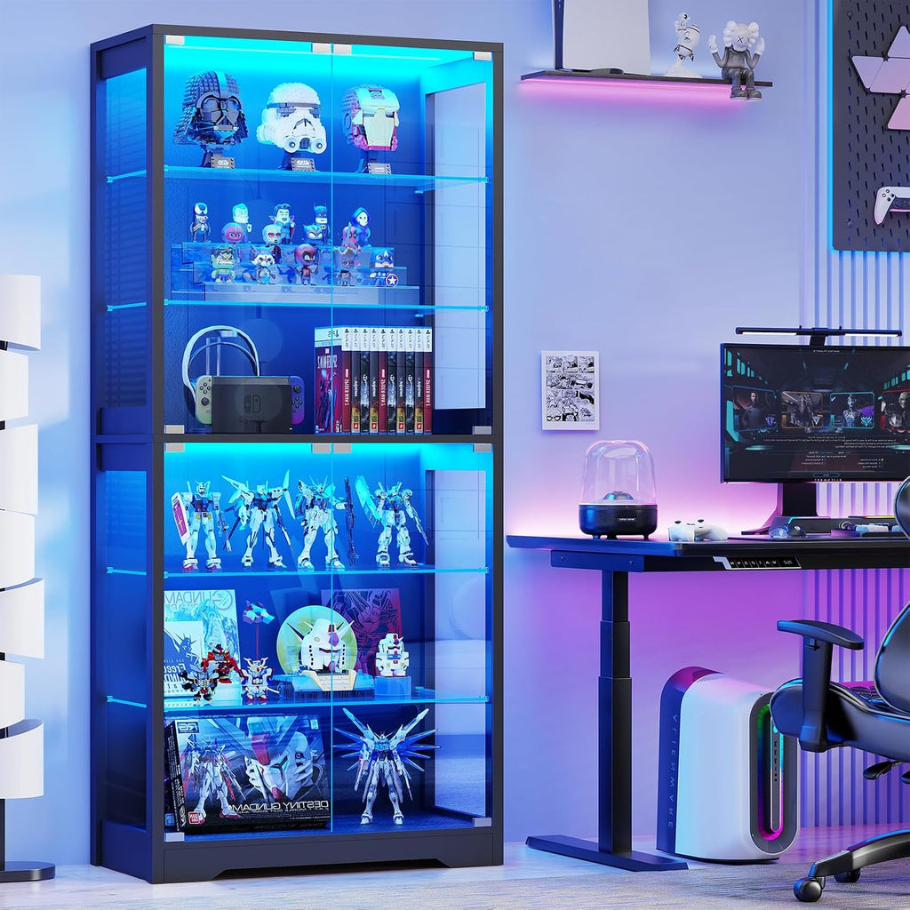 BROTTAR Display Cabinet with Glass Door, 6-Tier 71' Curio Cabinet with 3 Color Lights for Collectibles, Display Case with Adjustable Glass Shelves, Human Body Sensor, Storage Cabinets, Black