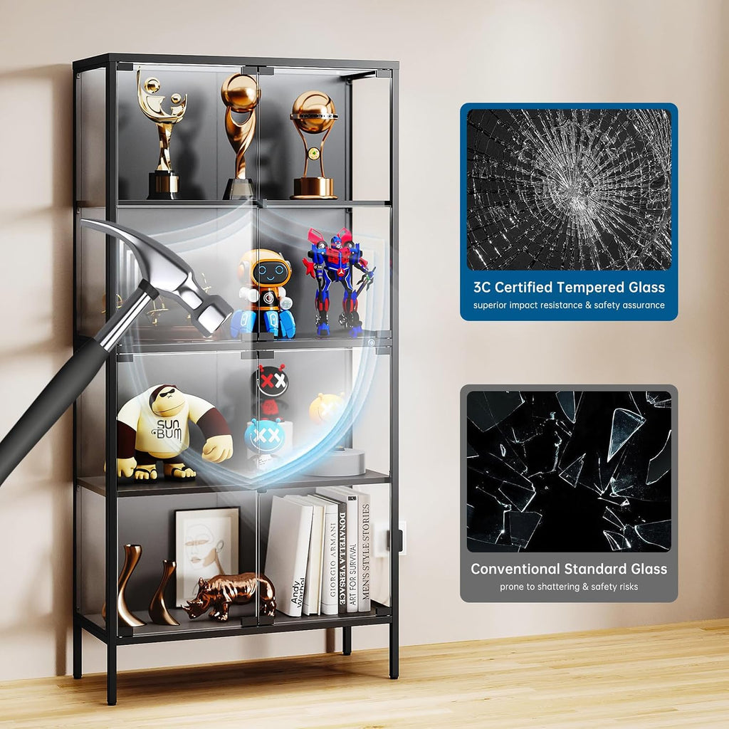 PEUKC 65' Glass Display Cabinet with 3-Color LED Light, Display Case with 4 Tempered Glass Doors and Shelves, Metal Frame Curio Storage Cabinet for Collectibles, Figures, Awards, Book, Toy (Black)