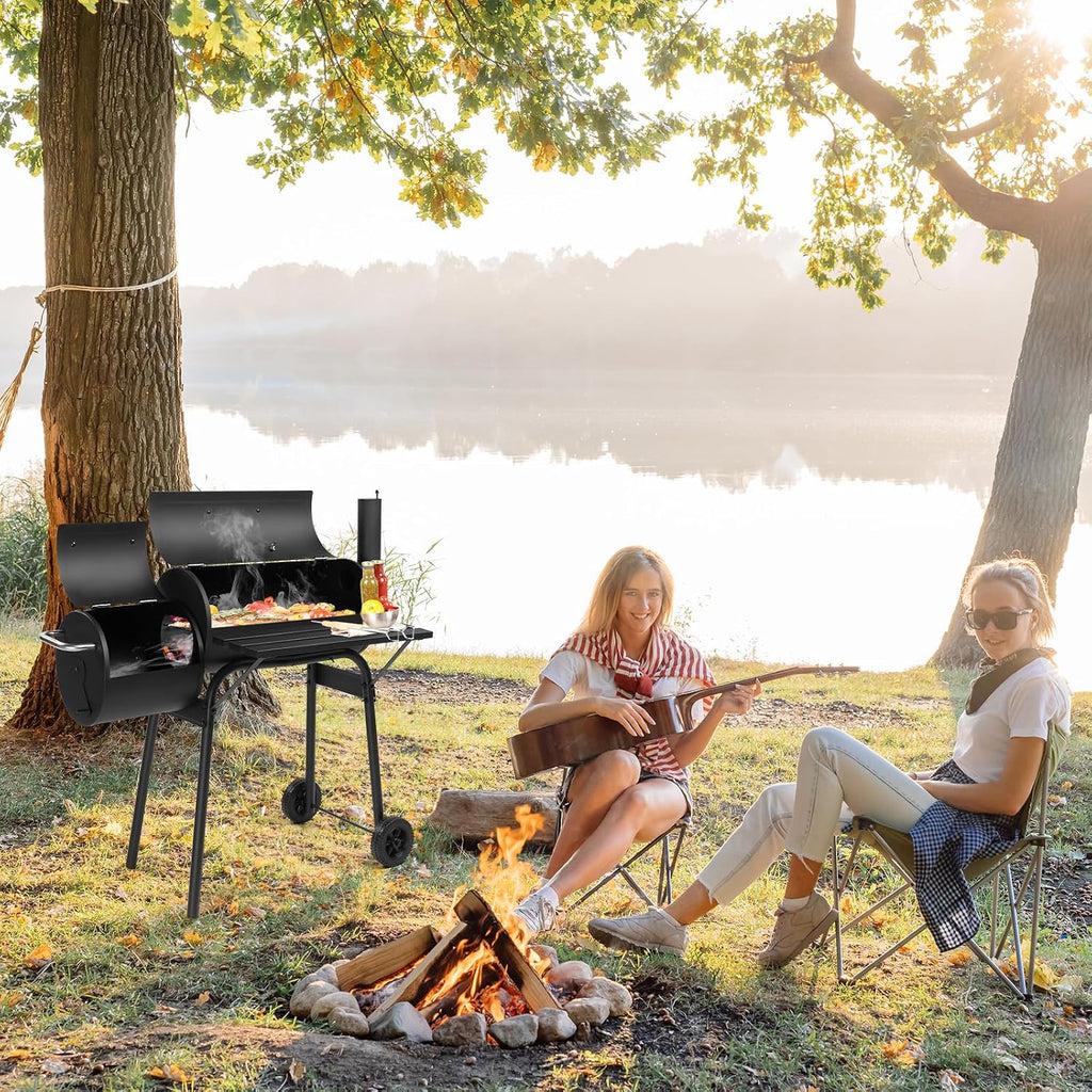 VINGLI Barrel Charcoal Grill with Offset Smoker, Large BBQ Outdoor Smoker Grill with Wheels for Party Garden Patio and Backyard Cooking 44 x 22 x 37 inch