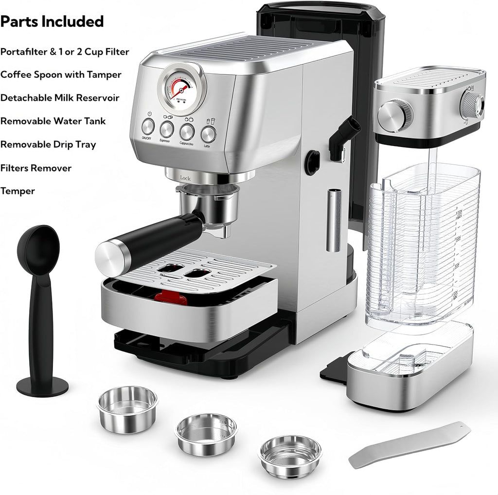MAttinata Cappuccino Coffee Machine with Automatic Milk Frother, Compact Espresso Machine with Pressure Gauge, Stainless Steel Cappuccino Maker with for Home, Office
