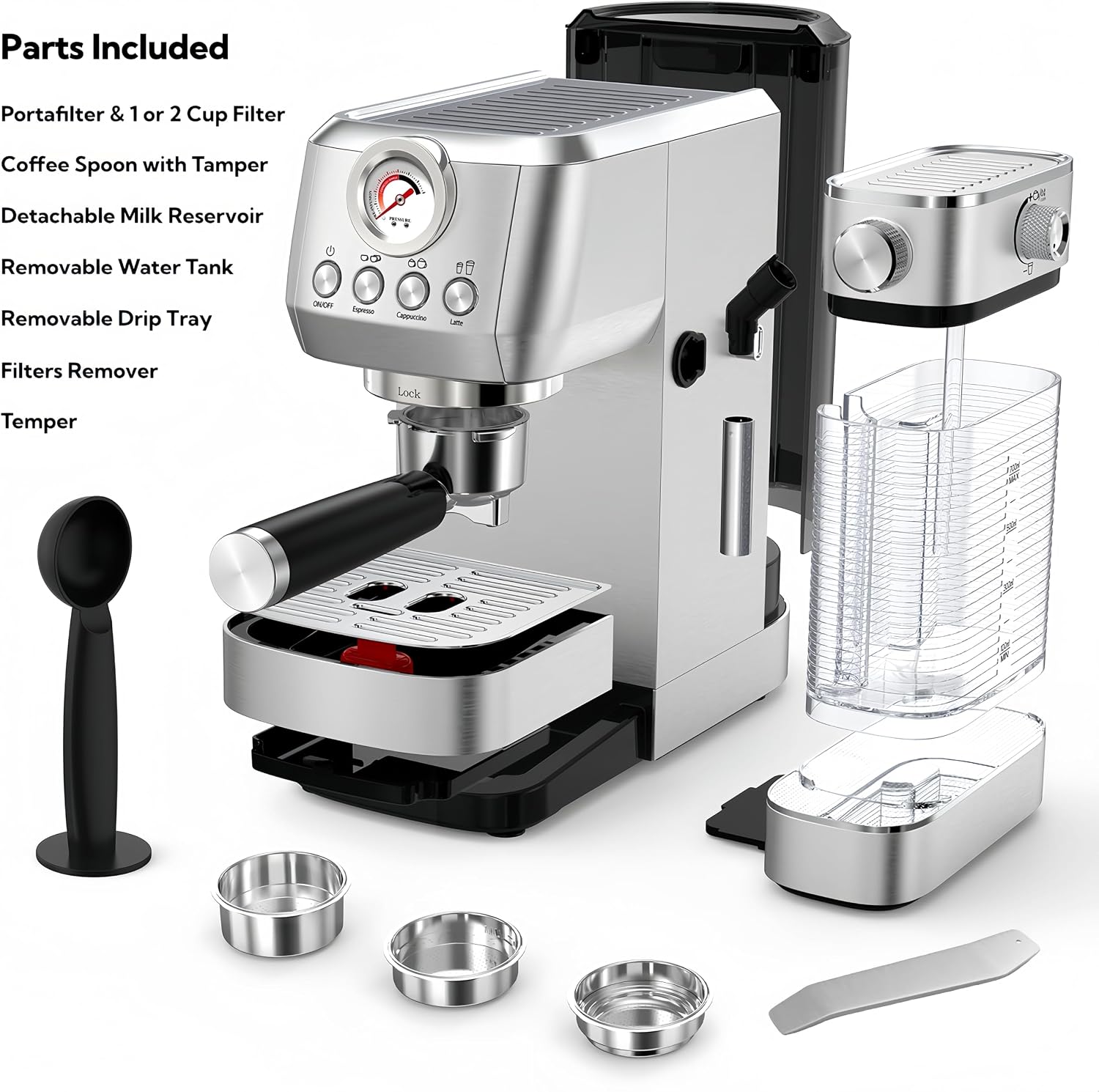 MAttinata Cappuccino Coffee Machine with Automatic Milk Frother, Compact Espresso Machine with Pressure Gauge, Stainless Steel Cappuccino Maker with for Home, Office