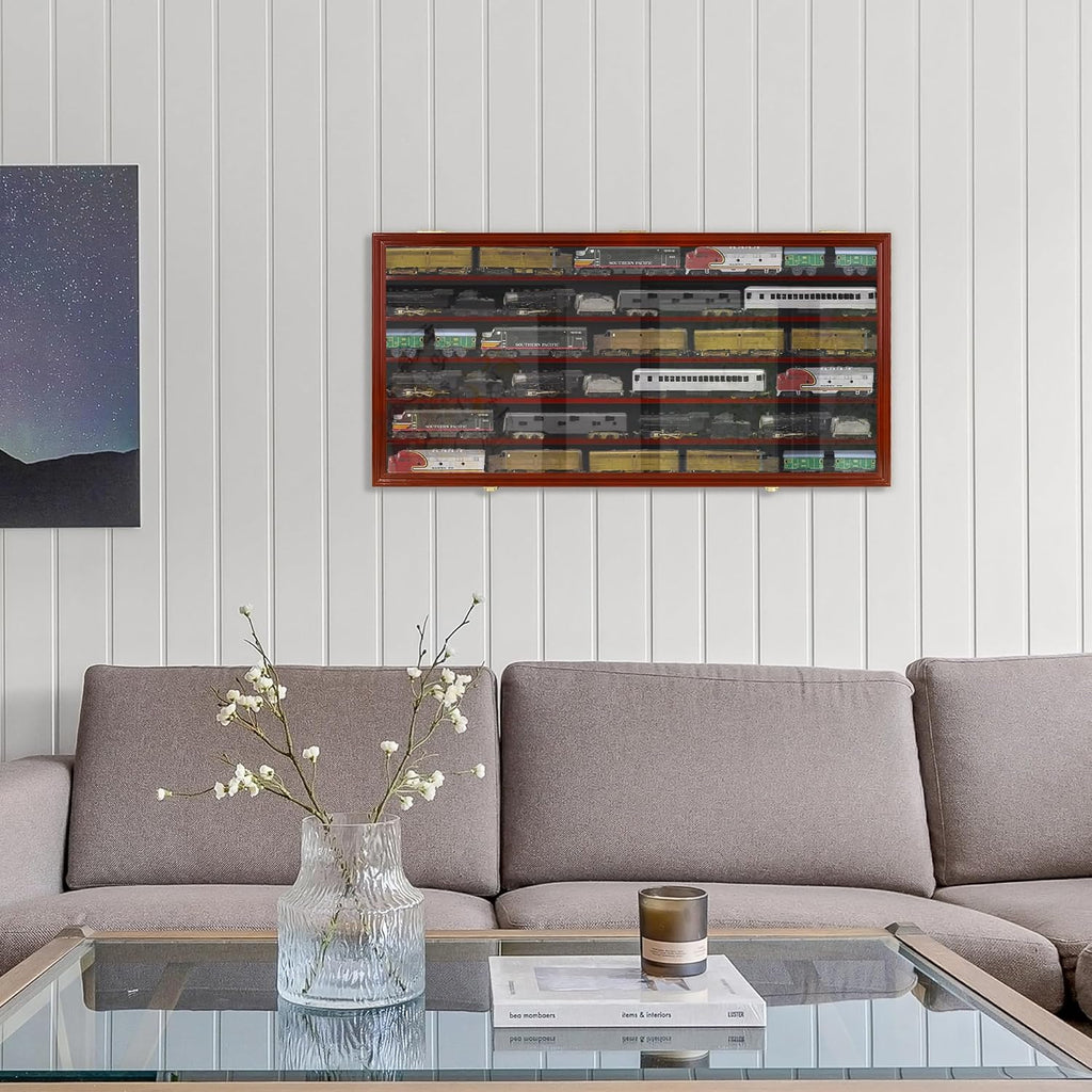 DisplayGifts Block Toy Minifigures Miniatures Display Case Frame Wall Cabinet Stand 200 Toys Dust Protection, Shelves alos Compatible with 1:64 Scale hot Small Toy Wheels - Mahogany Finish