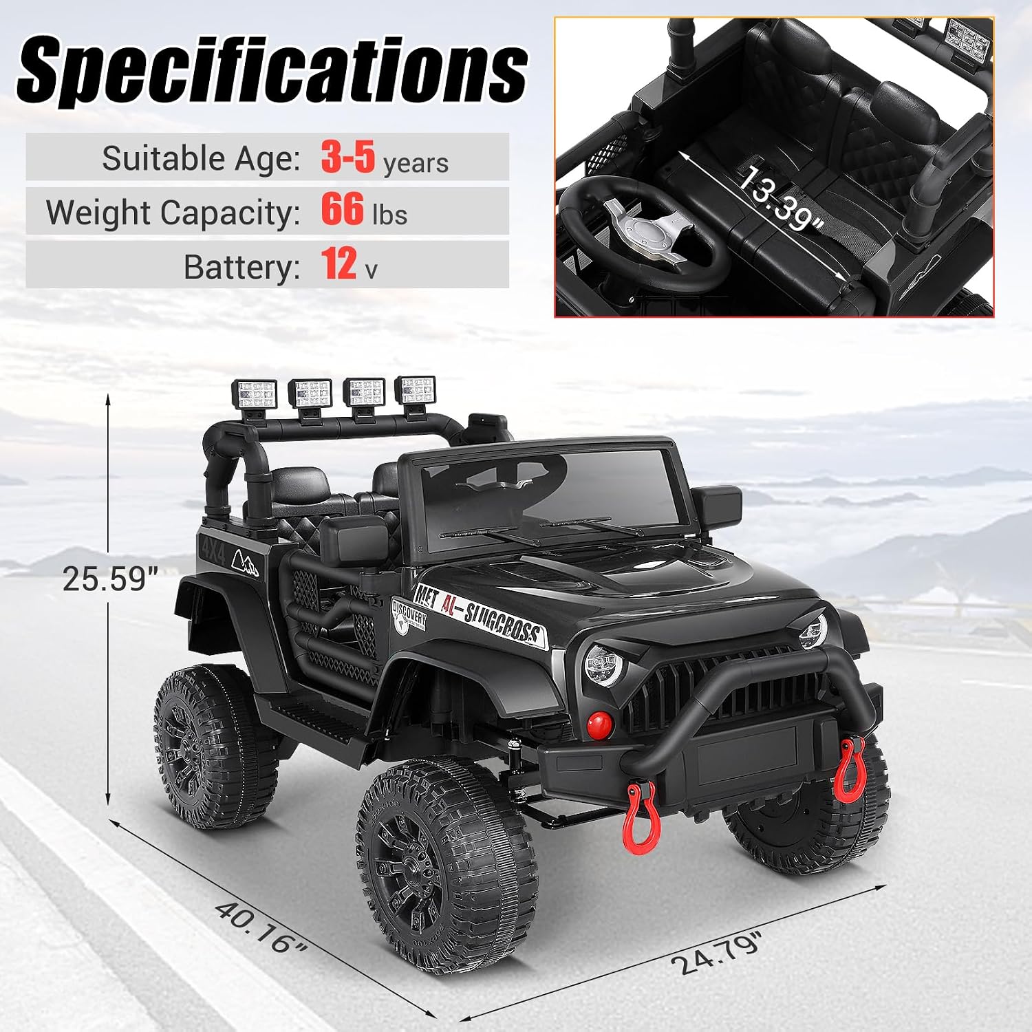Hikole Electric Cars Ride on Toys 12V for Kids with Parent Remote, Spring Suspension, Multi-Terrain Driving, LED Head Lights, Bluetooth&Horn, Digital Dashboard, Easier Towing, Gift, Black