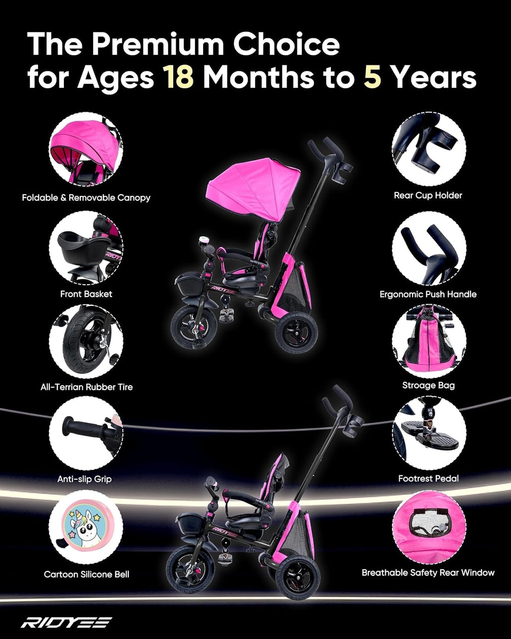 RIDYEE 7-in-1 Folding Toddler Tricycle for 18 Months to 5 Years, Tricycle Stroller with Dual Brakes, All-Terrian Rubber Tire, Tricycle for Toddlers with Rotatable Seat, Adjustable Push Handle, Pink