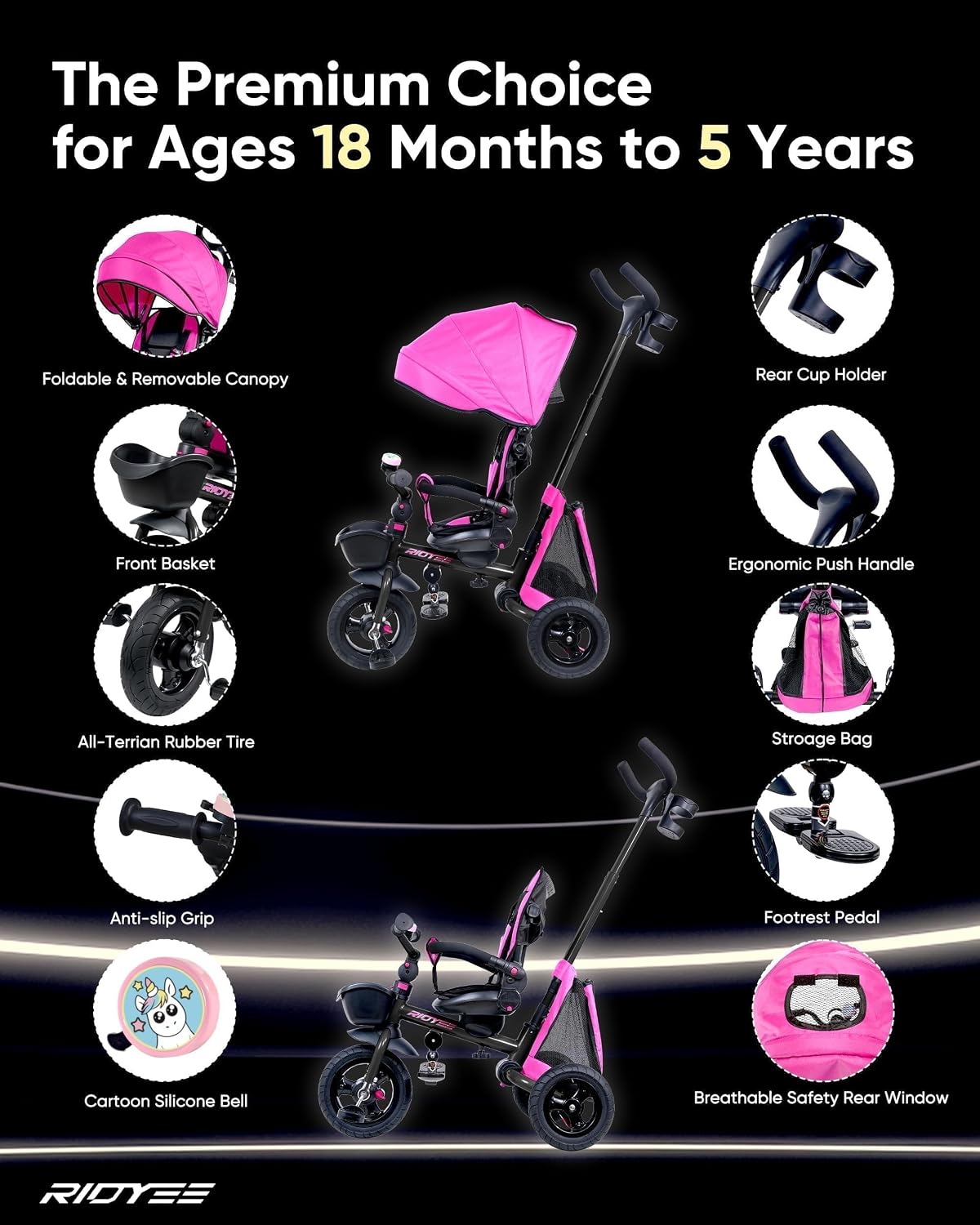 RIDYEE 7-in-1 Folding Toddler Tricycle for 18 Months to 5 Years, Tricycle Stroller with Dual Brakes, All-Terrian Rubber Tire, Tricycle for Toddlers with Rotatable Seat, Adjustable Push Handle, Pink