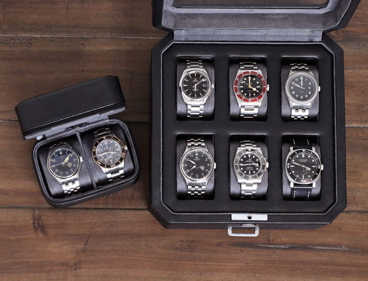 ROTHWELL Gift Set 6 Slot Leather Watch Box and 2 Watch Travel Case - Luxury Case Organizer, Microsuede Liner, Locking Mens Jewelry Watches Holder, Storage Boxes Glass Top (Black/Grey Gift Set)
