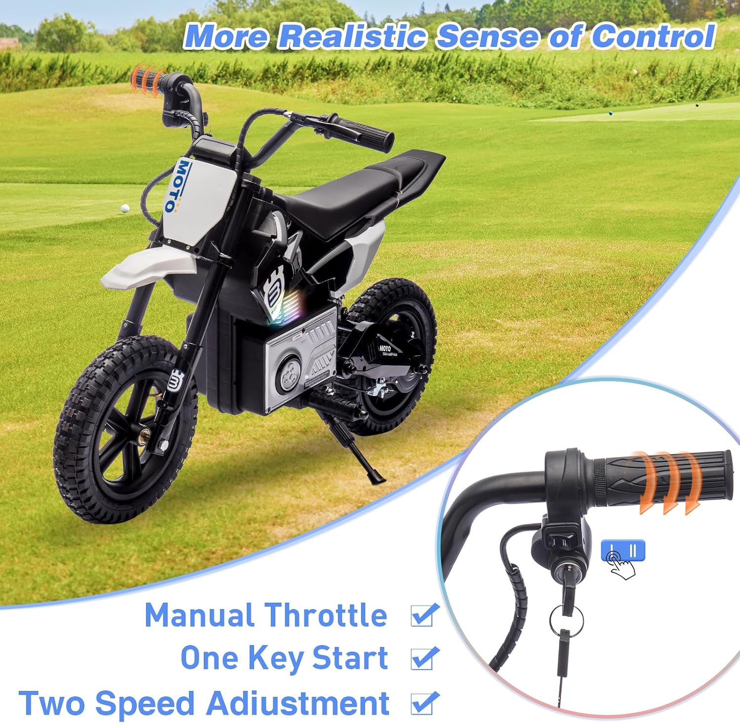 WEEROCK 24V Kids Electric Motorcycle 5+ Years Old, Child Ride On Electric Dirt Bike, Rear Shock Absorber, LED Breath Lamp, Bluetooth for Boys Girls Children Electria Toy Gift, Black