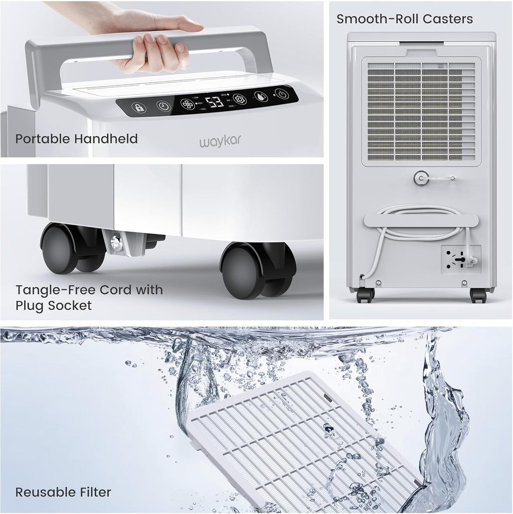 Waykar 34 Pints 2025 Most Efficient Energy Star Dehumidifier for up to 2200 Sq. Ft. for Home and Basement with Auto or Manual Drainage, Quiet 33dB Operation, 0.6 Gal Tank