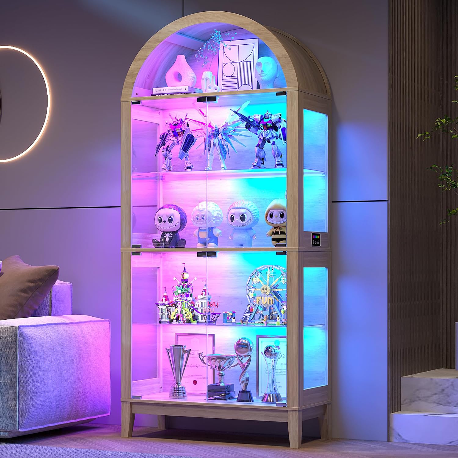 Lvifur Display Cabinet with - Glass Doors,Arched Curio Cabinet with RGB Lights for Collectibles,5-Tiers Tall Display Case with Human Sensor,Showcase Cabinet with Glass Shelf for Living Room (Natural)
