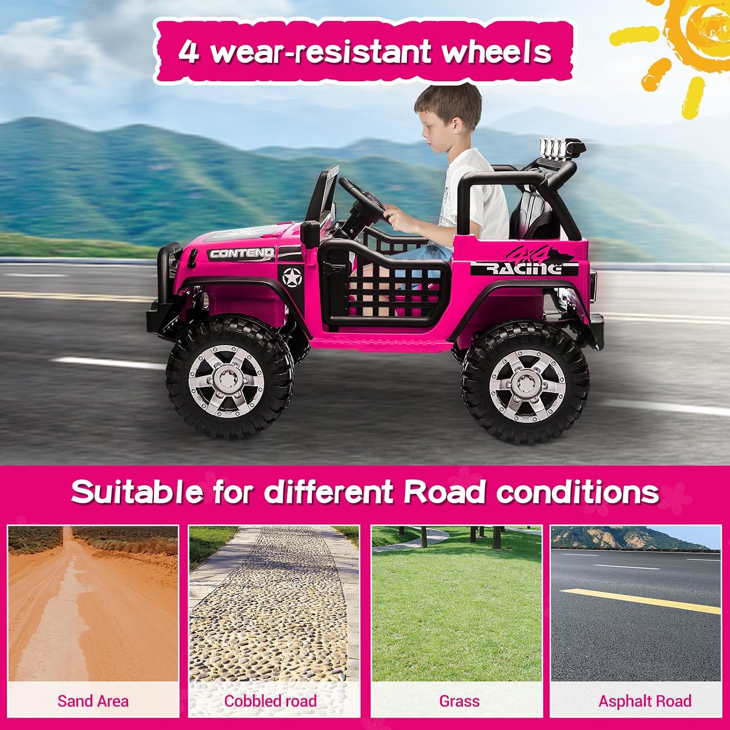 SEHOMY 2 Seater Electric Car for Kids, 12V Ride on Toys Power Wheels with Remote - 3 Speeds, Spring Suspension, 110LB Max, LED Lights, Music, Kids Electric Vehicles Toddler Truck for Boys Girls Pink