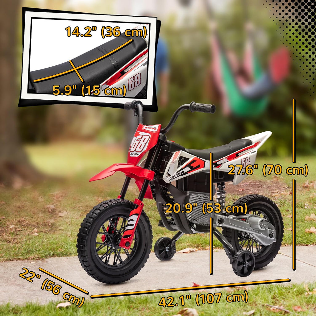 Qaba Kids Dirt Bike with Twist Grip Throttle, 12V Electric Motorcycle, Electric Bike for Toddler with Training Wheels, Rear Suspension & Music for Ages 3-6 Years, Red
