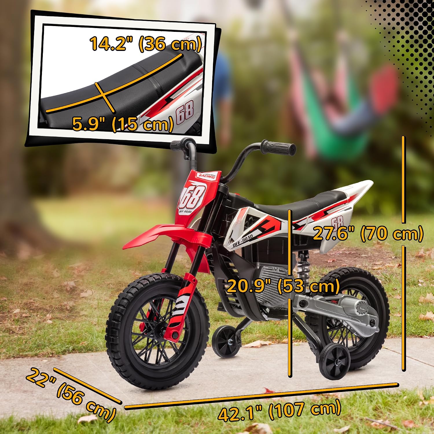 Qaba Kids Dirt Bike with Twist Grip Throttle, 12V Electric Motorcycle, Electric Bike for Toddler with Training Wheels, Rear Suspension & Music for Ages 3-6 Years, Red