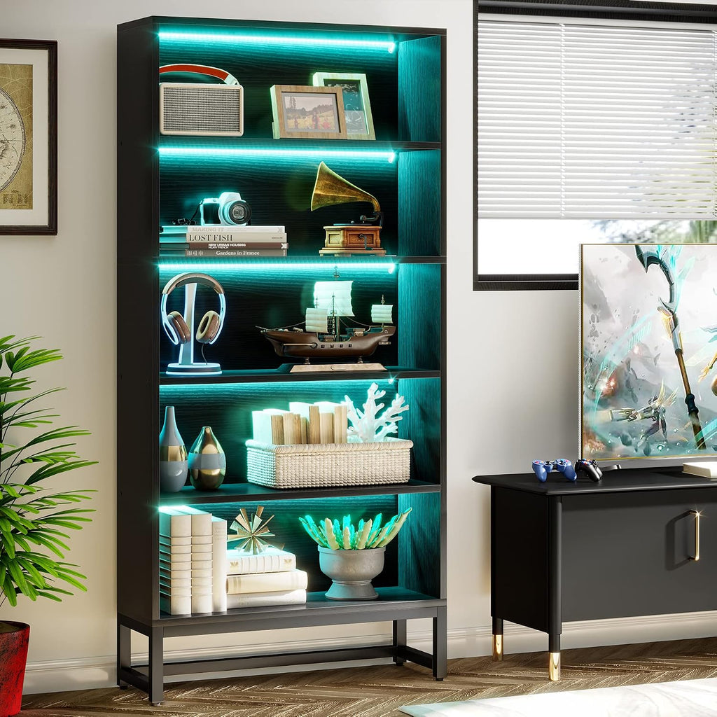 Tribesigns Tall Bookcase Black Bookshelf, 70.8' Large Bookcases Organizer with LED Lights, Heavy Duty Free-Standing Library Bookshelf with 5-Tier Storage Shelves for Living Room, Bedroom (Black)