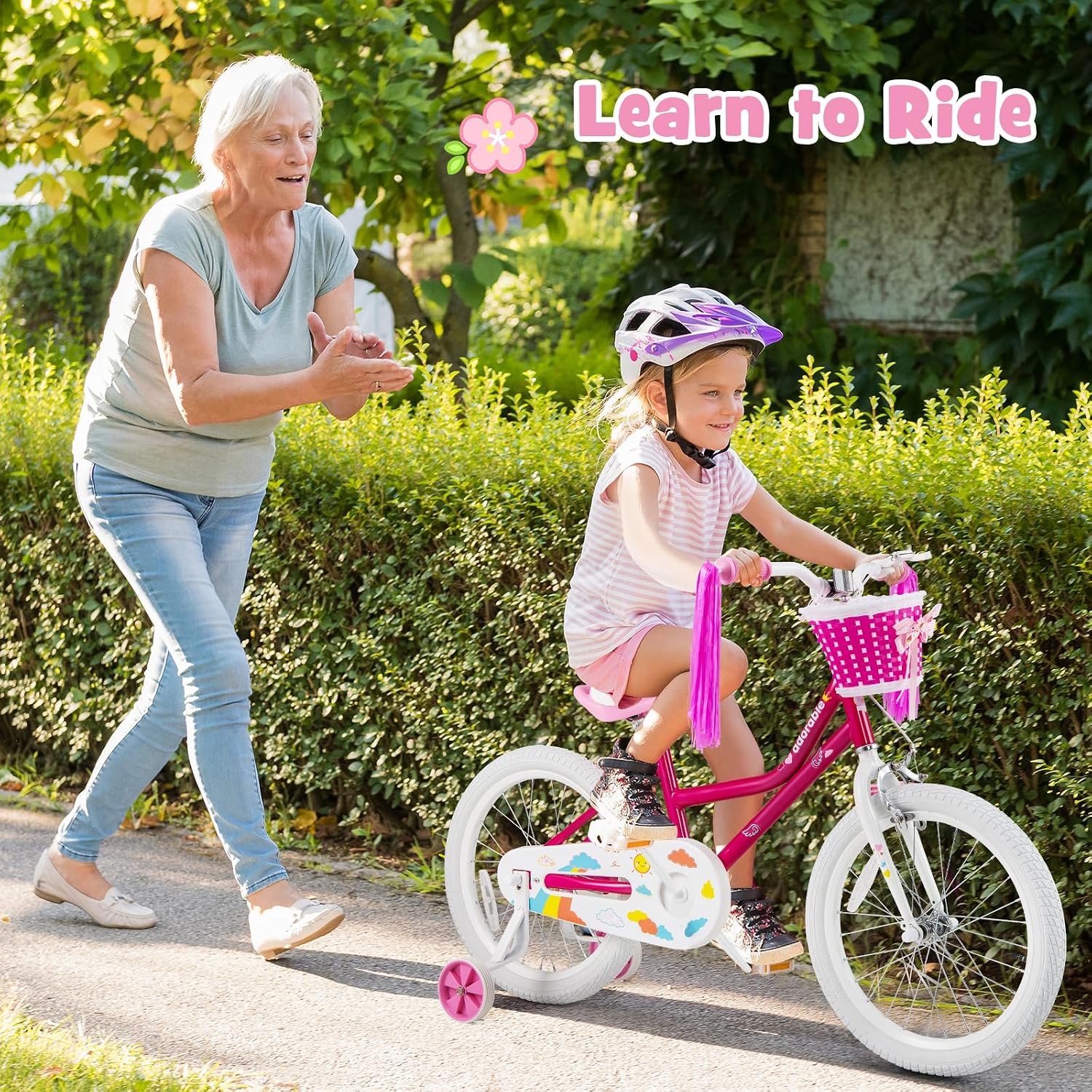 BABY JOY Girls Bike, 12' 14' 16' 18' Kids Bike for 3-8 Years Old with Training Wheels, Adjustable Seat & Handlebar, Handbrake & Coaster Brake, Children Bicycle