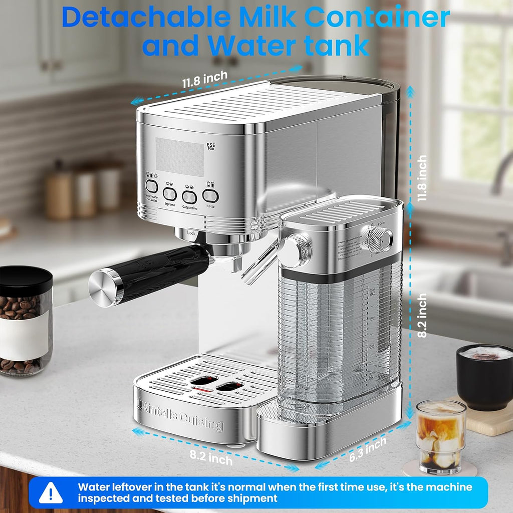 Espresso Machine 20 Bar Temperature Time LED Display Espresso Maker with Stepless Adjustable Automatic Milk Frother for Cappuccino Latte Americano Stainless Steel Coffee Machine with ESE Pod Filter