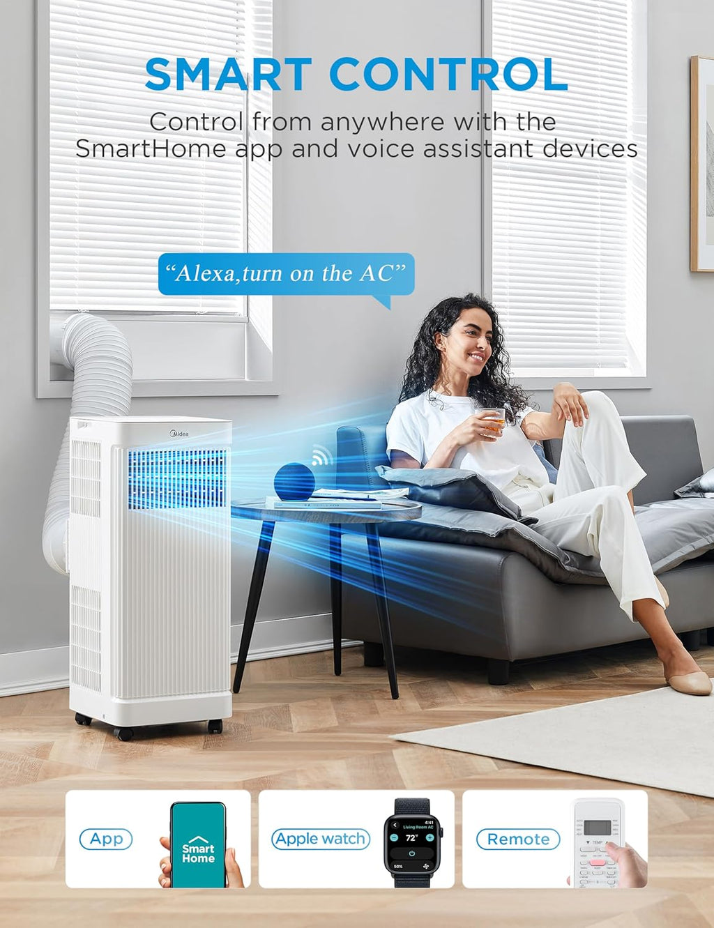Midea 8,500 BTU ASHRAE (5,000 BTU SACC) Portable Air Conditioner, Smart Control, Cools up to 150 Sq. Ft., with Dehumidifier & Fan mode, Easy- to-use Remote Control & Window Installation Kit Included'