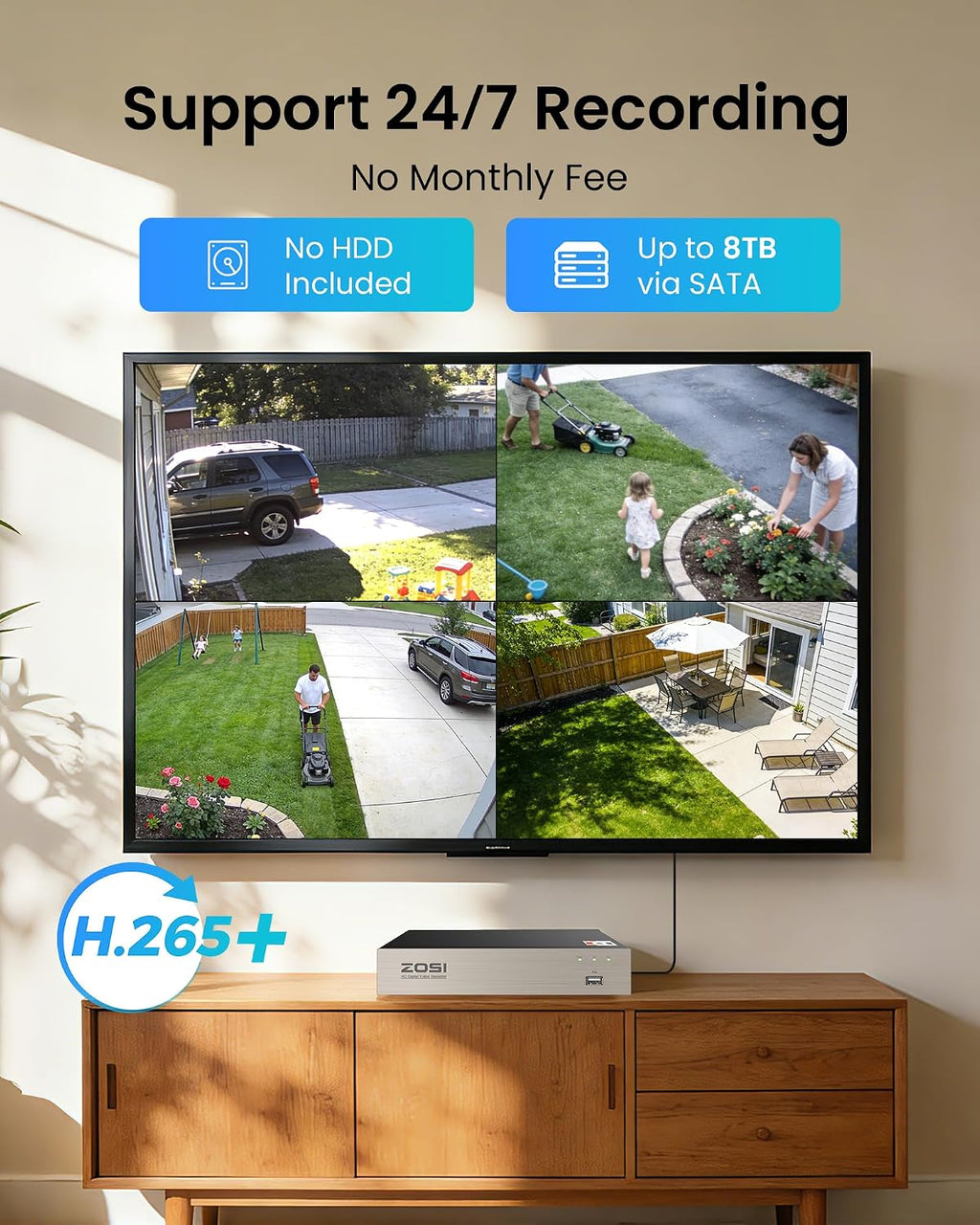 ZOSI 8CH 3K Lite Wired Security Camera System with AI Human Vehicle Detection, 8pcs 1080p Outdoor Indoor Surveillance Cameras, H.265+ 8-Channel CCTV DVR, NO Monthly Fee, Remote Access, NO Hard Drive