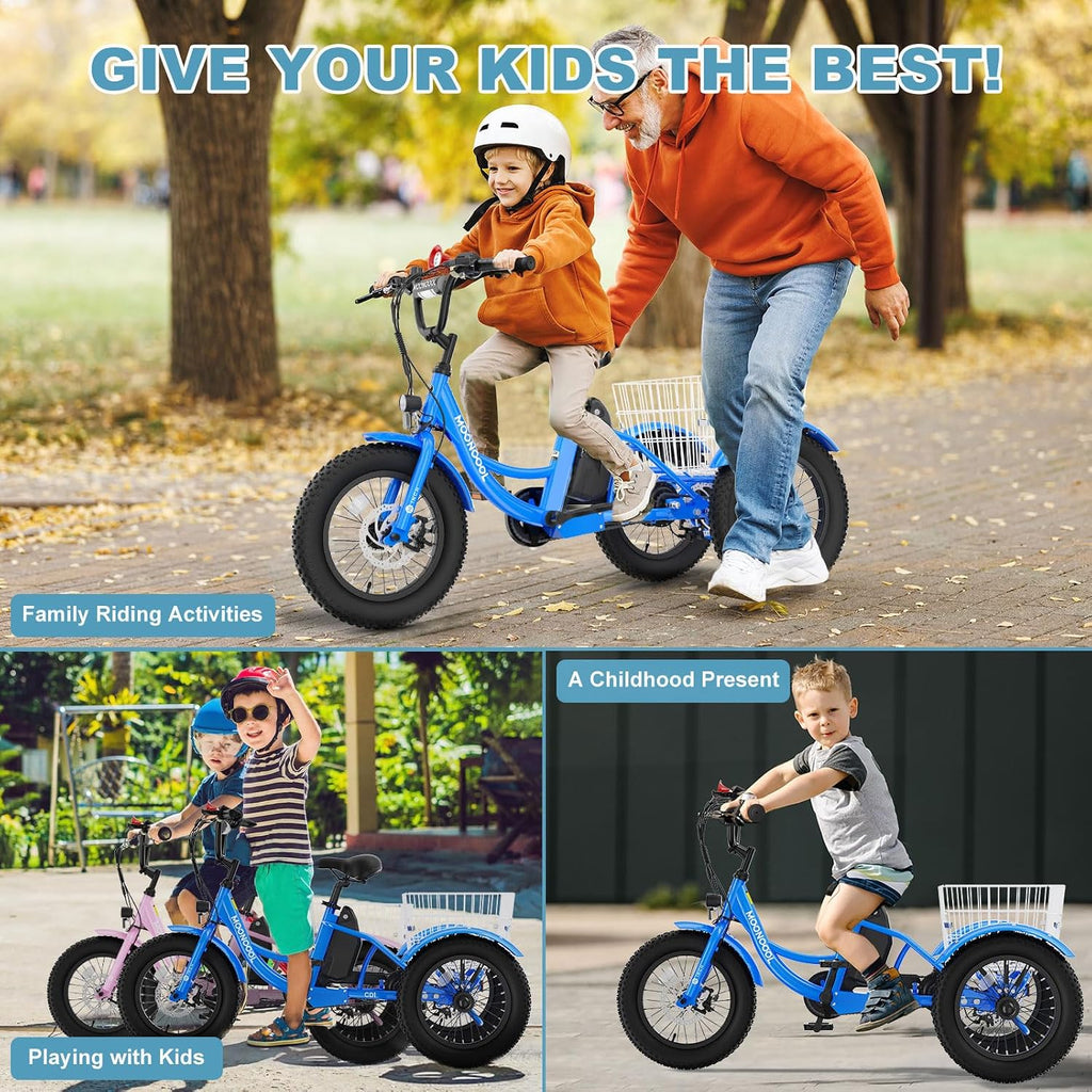 16 Inch Kids Electric Tricycle, 250W 24V Fat Tire Electric Trike, 3 Wheels Electric Bike Cruiser Bicycle, Aluminum Frame Motored Trike with Adjustable Seat and Removable Battery, Blue