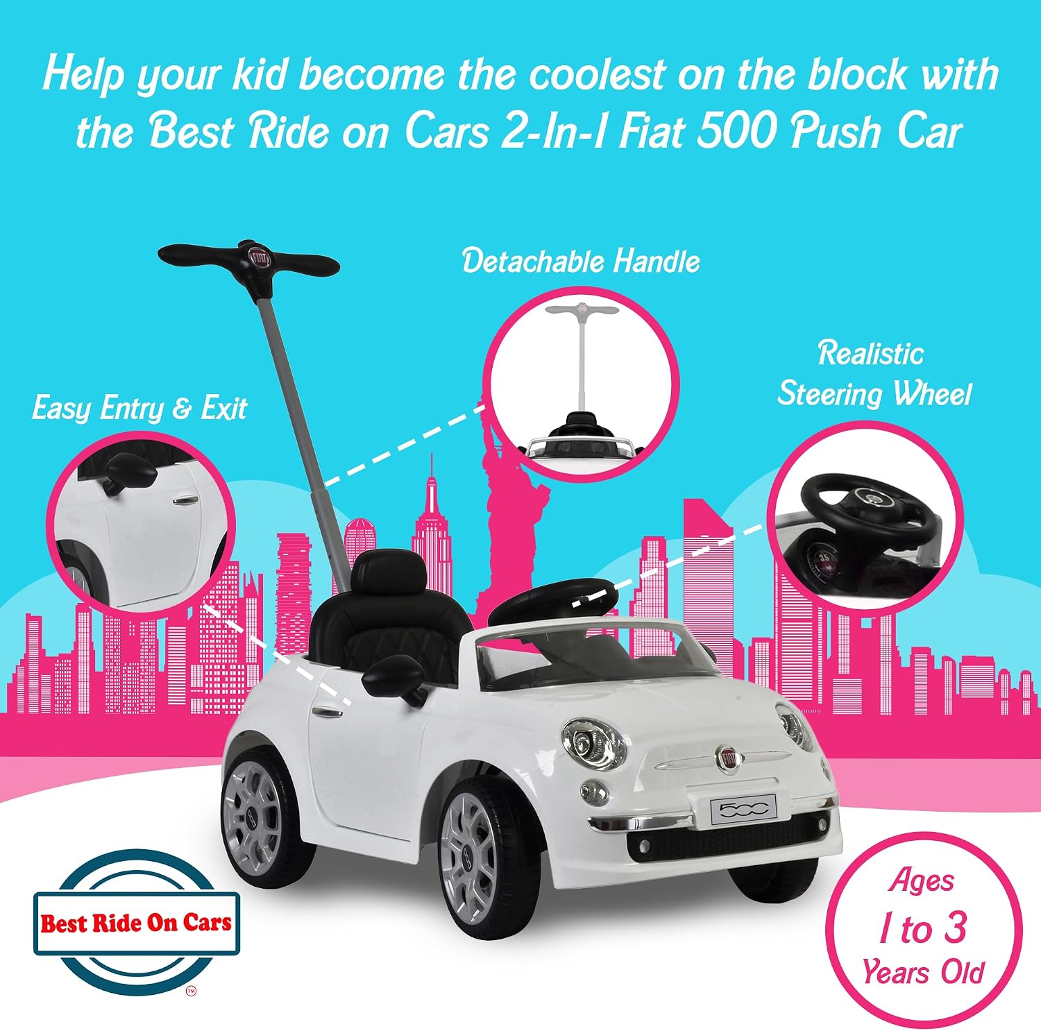 BEST RIDE ON CARS Fiat 500 Push Car for Kids, White, Stroller, Adjustable Handle, Music, Stable Wheels, Safety Belt, Multi-Functional Steering Wheel
