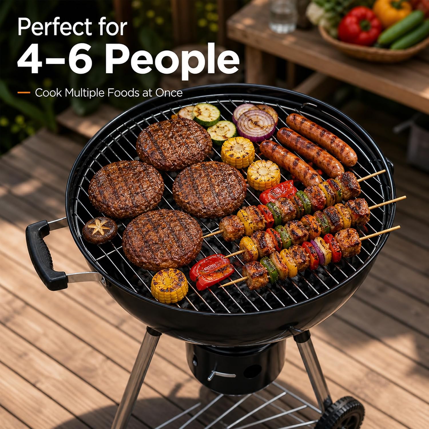 18 Inch Charcoal Grill with Lid & Ash Catcher, Kettle BBQ Grill for Backyard & Patio, Easy Temperature Control, Family Grill for 4–6 People