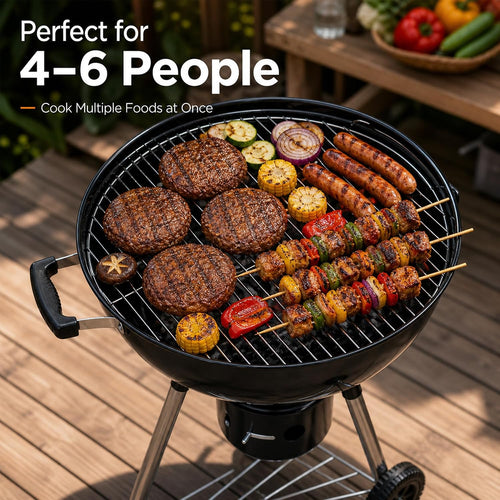 18 Inch Charcoal Grill with Lid & Ash Catcher, Kettle BBQ Grill for Backyard & Patio, Easy Temperature Control, Family Grill for 4–6 People