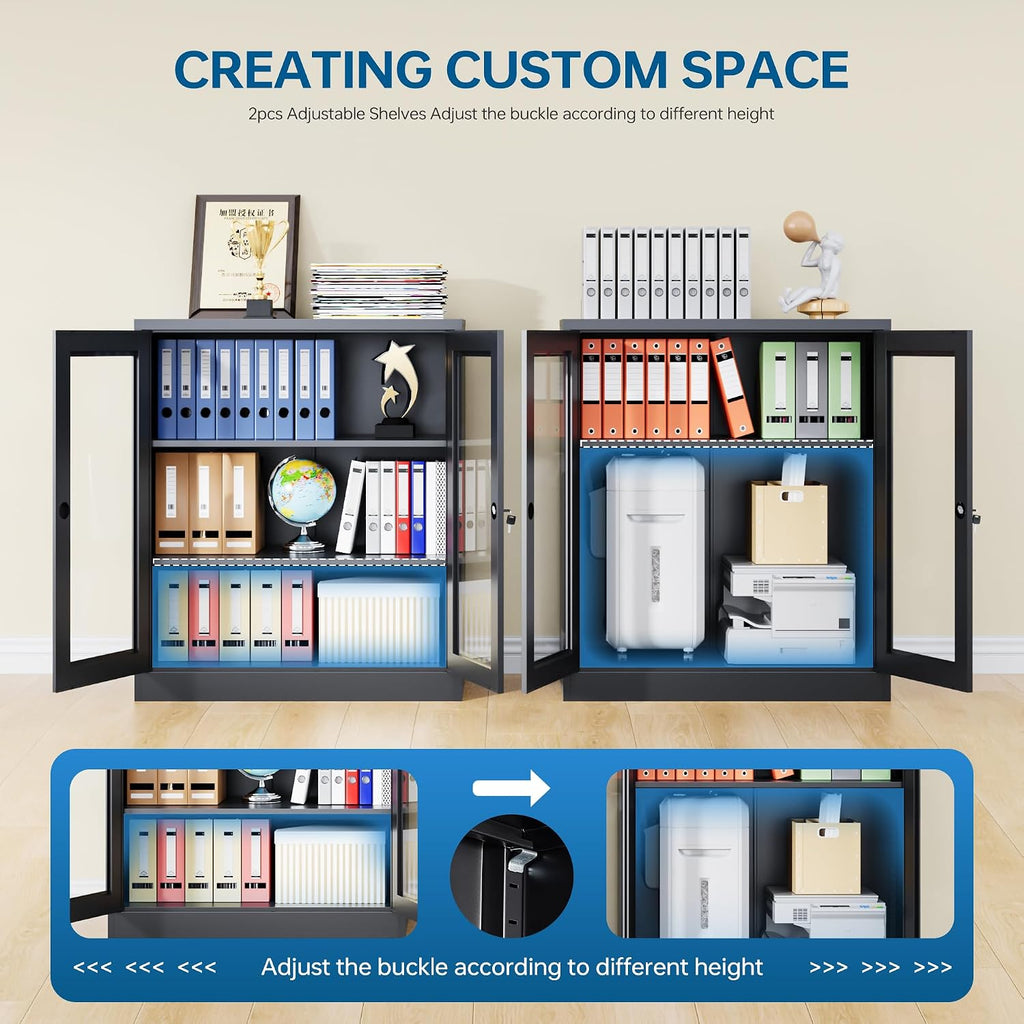 PEUKC Display Cabinet with Acrylic Doors, 35.4 Inches Metal Curio Storage Cabinet with 2 Adjustable Shelves, Locking Display Case for Home, Office, Clinic, Pantry, Assemble Required (Black)