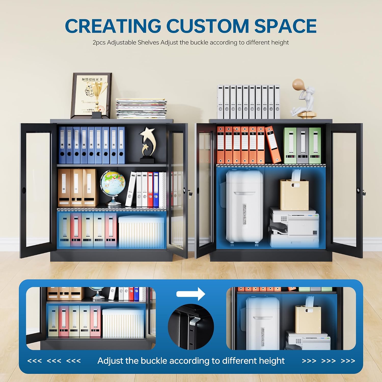 PEUKC Display Cabinet with Acrylic Doors, 35.4 Inches Metal Curio Storage Cabinet with 2 Adjustable Shelves, Locking Display Case for Home, Office, Clinic, Pantry, Assemble Required (Black)