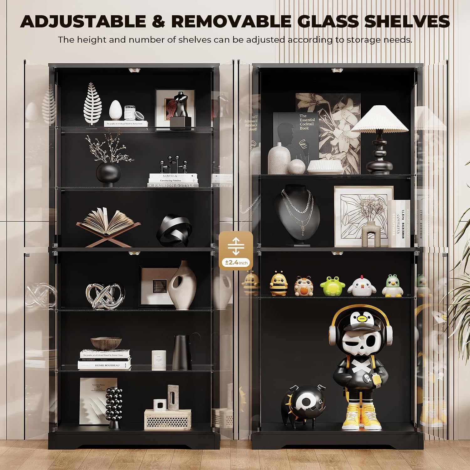 BROTTAR Display Cabinet with Glass Door, 6-Tier 71' Curio Cabinet with 3 Color Lights for Collectibles, Display Case with Adjustable Glass Shelves, Human Body Sensor, Storage Cabinets, Black