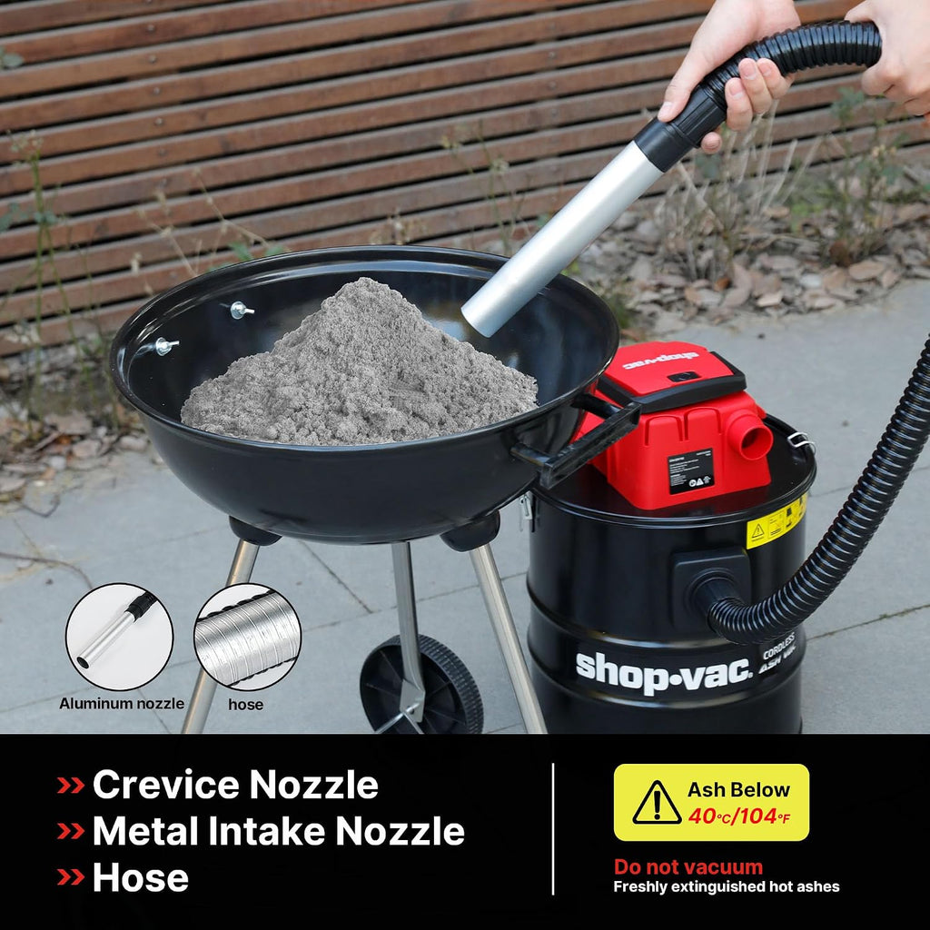 Shop-Vac 5430024 5 Gallon Cordless Ash Vac, 20V Battery, 1.5 in Diameter x 4 Ft Lock-On Hose, Stainless Steel Tank, Includes Blow Feature, Metal Nozzle and Crevice Tool
