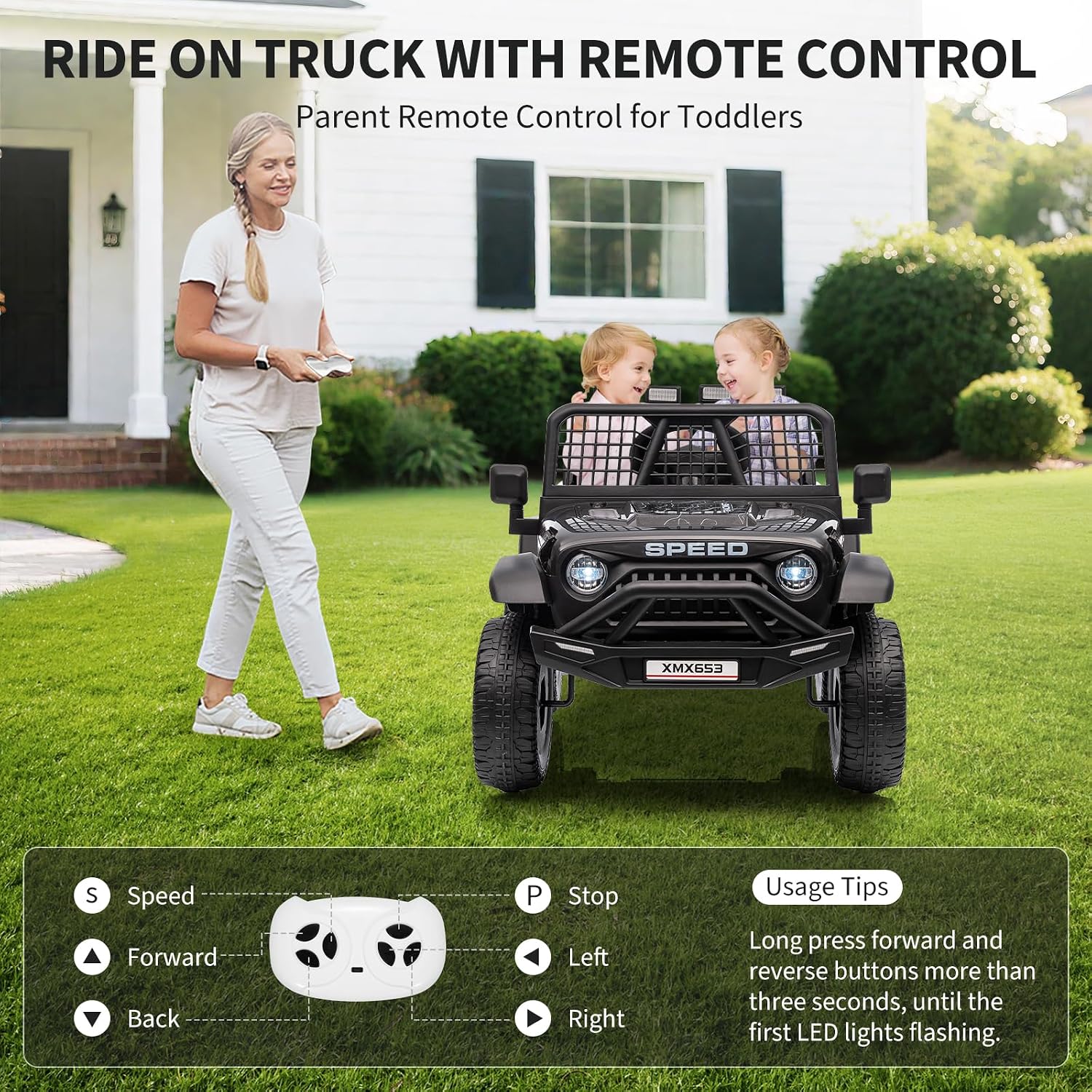 12V Kids Ride on Car Truck, Kids Electric Vehicles Car Ride on Toy Extra Wide Seat and Legroom for Toddlers with Remote Control, 3 Speeds, LED Light, Music, USB for Children 3-6 Years, Black