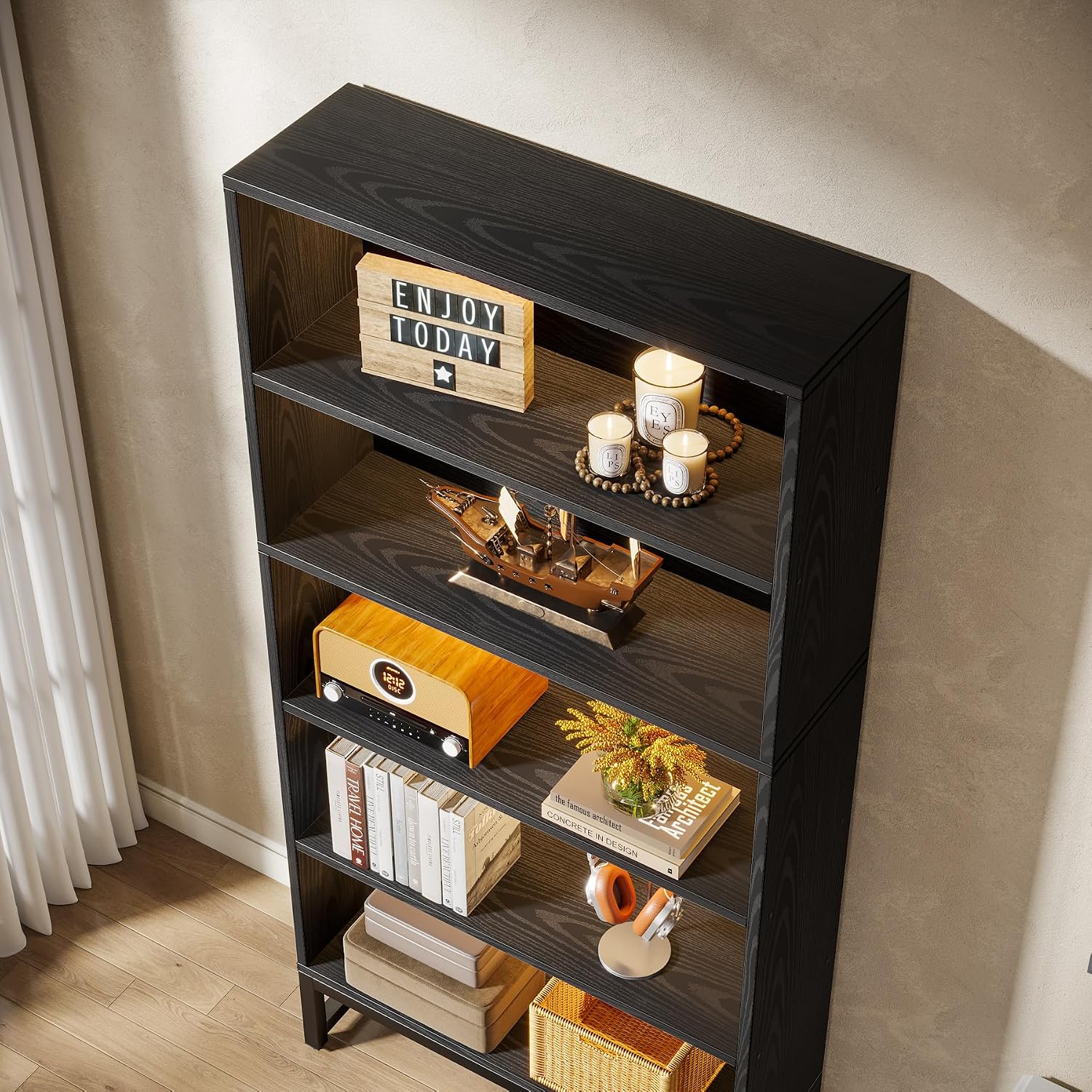 Tribesigns Tall Bookcase Black Bookshelf, 70.8' Large Bookcases Organizer with LED Lights, Heavy Duty Free-Standing Library Bookshelf with 5-Tier Storage Shelves for Living Room, Bedroom (Black)