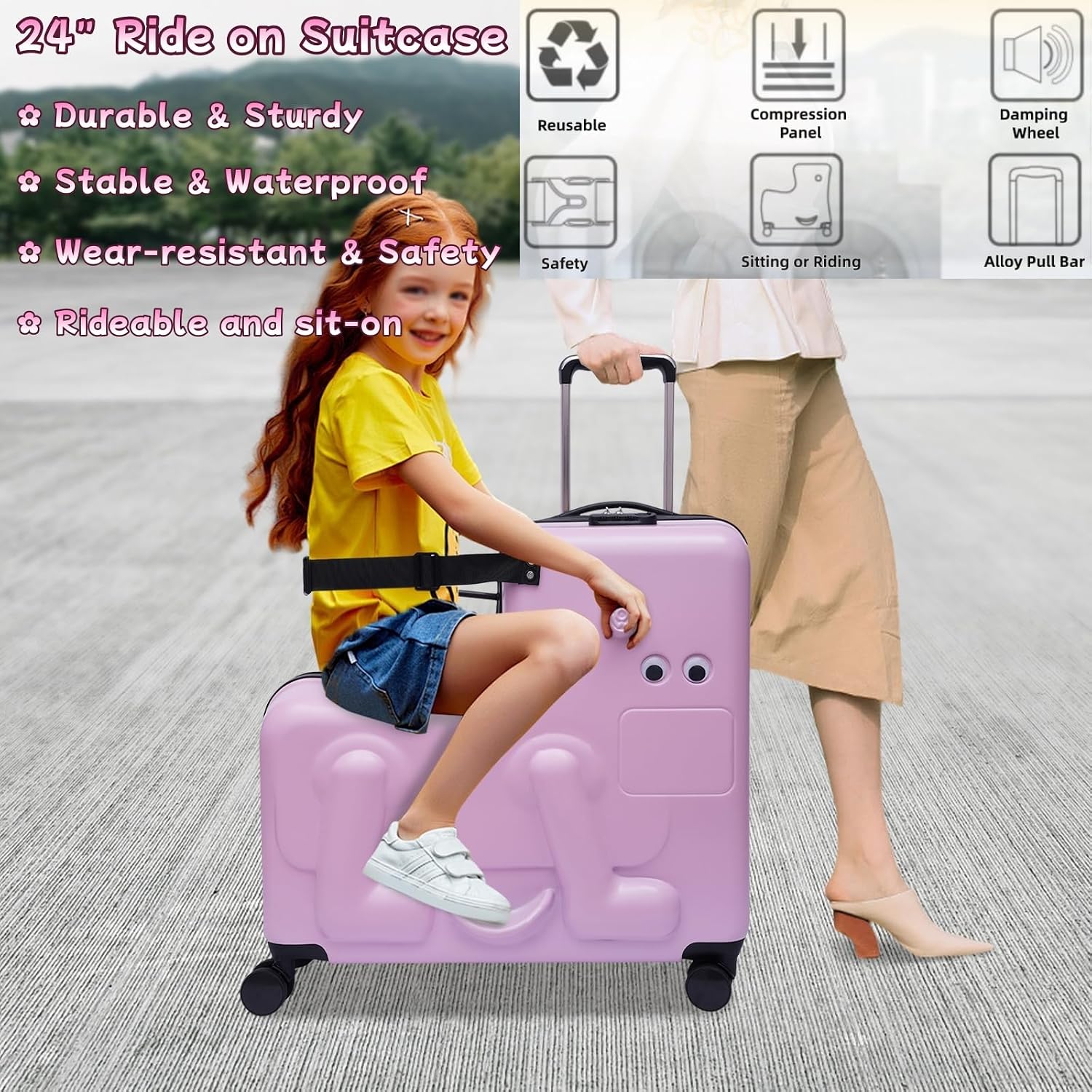 Ride on Kids Luggage, 24' Carry-on Suitcase with Double-row Universal Wheels Portable Rolling Luggage with Password Lock Unisex Riding Suitcase for Ages 4-12, Pink