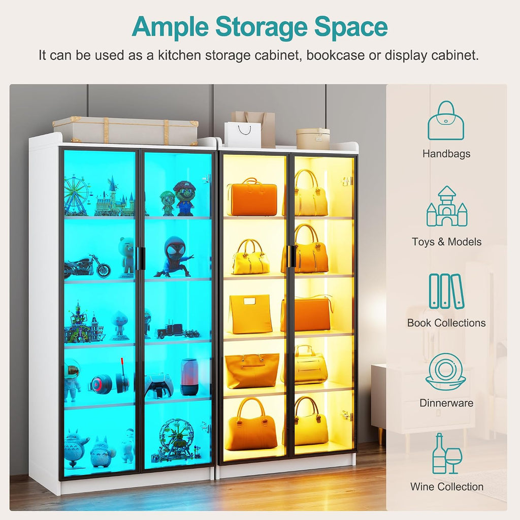 Lvifur 65' LED Display Cabinet with Lights for Living Room, 5 Tier Bookcase with Adjustable Shelves for Office, Tall Storage Cabinet with Human Body Induction for Collectibles (White)