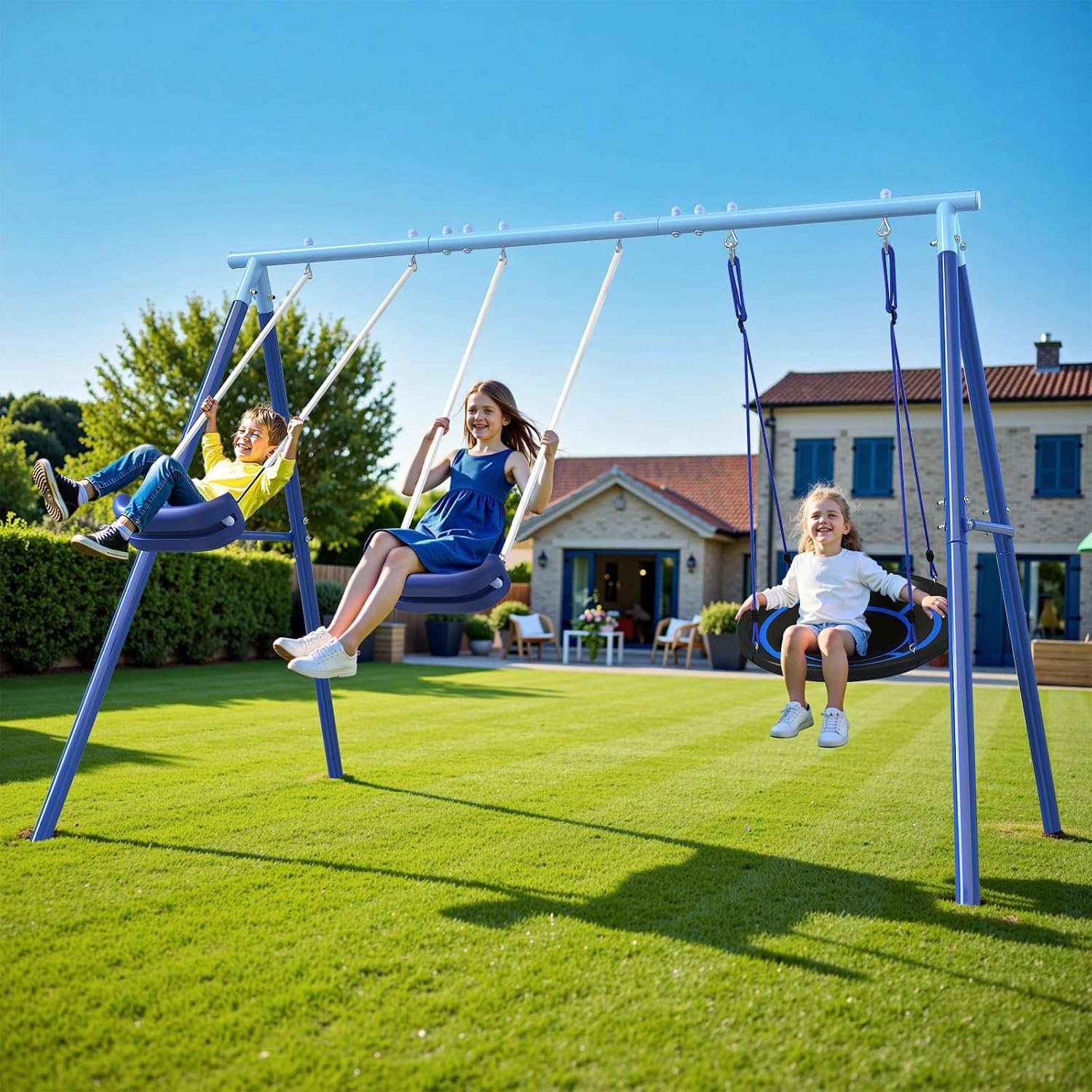 3-in-1 Swing Set for Backyard for Kids 3-8, 550lbs, Heavy Duty Metal A-Frame for Outdoor Playset, Two Blow-Molded Swing Seats and One 32-inch Saucer Swing for Kids Playground