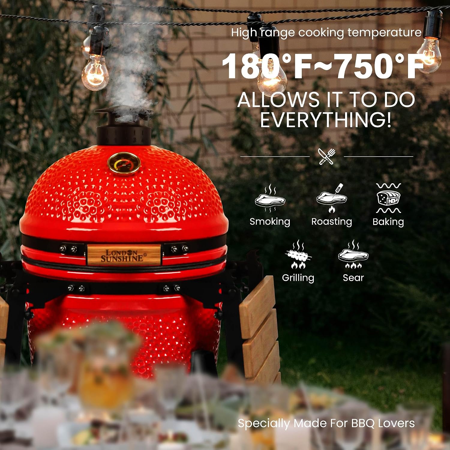 London Sunshine 15-inch Ceramic Kamado Charcoal BBQ Grill & Smoker with Locking Casters, Foldable Side Shelves, Stainless Steel Grates, and Tall Stand (Red)