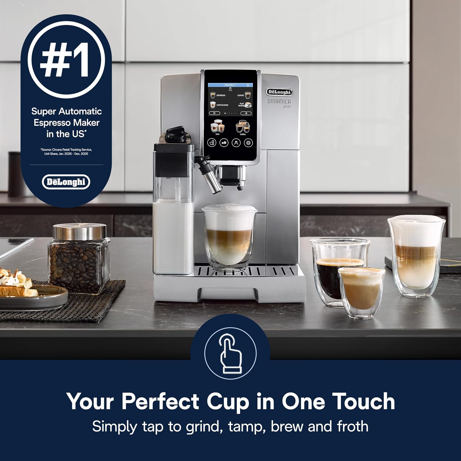 De'Longhi Dinamica Plus Fully Automatic Espresso Machine - Brew Personalized Coffee for up to 4 User Profiles, 24+ Recipes, Built in Grinder & Automatic Milk Steam Wand with 3 Frother Modes