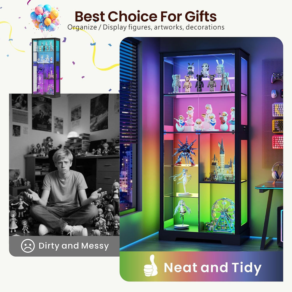 71' Glass Display Cabinet with RGB Light - Curio Cabinet with Glass Doors for Collectibles, 7-Tiers Tall Display Case with Human Sensor, Showcase with Removable Shelves for Figures, Lego (Black)