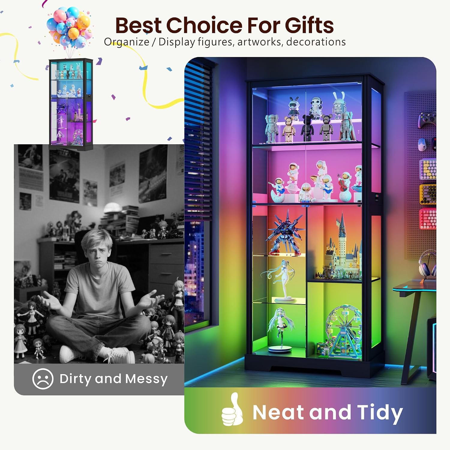 71' Glass Display Cabinet with RGB Light - Curio Cabinet with Glass Doors for Collectibles, 7-Tiers Tall Display Case with Human Sensor, Showcase with Removable Shelves for Figures, Lego (Black)