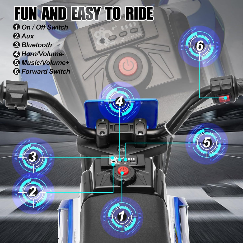 JOYLDIAS Kids Motorcycle, 12V7AH Ride On Motorcycle for Kids w/Training Wheels, Music, Spring Suspension, High/Low Speeds, Blue