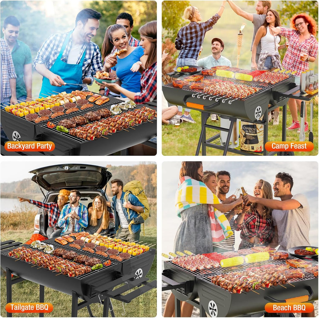 Extra Large Charcoal Barbecue Grill, 871 Square Inches Cooking Space, Outdoor Barrel BBQ Grill with 2 Foldable Side Tables for Outdoor Backyard Patio Picnic Parties Camping, Black