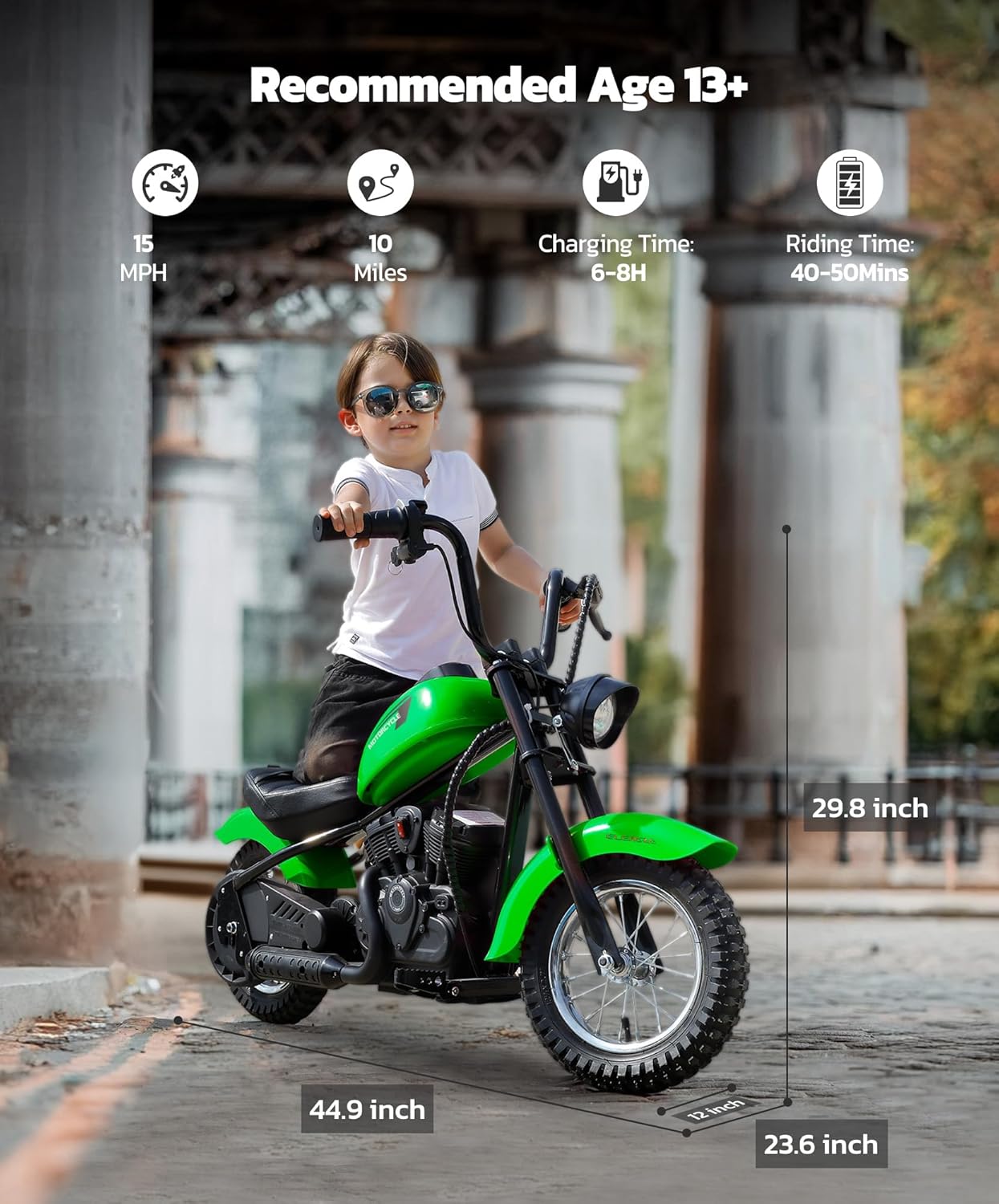 ELEMARA Electric Dirt Bike, 15 mph & 150lb Max, 24V Ride on Toy for Big Kids w/LED Lights & Power Display,Chain-Driven Motor,Twist-Grip Throttle, Shock Springs,Handbrake,12' Air-Filled Tires-Green