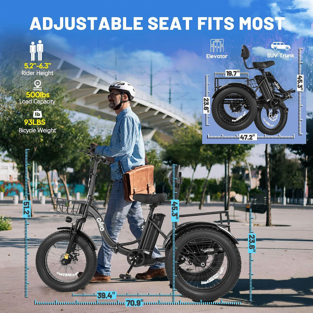 Qlife Triker Plus Electric Trike for Adults, Peak 1200W Motor Floding Trike Ebike, 624Wh E-Bike, 20MPH 65 Miles Electric Tricycle for Adults, 20x4.0 Fat Tire E-Bike, Foldable 3 Wheel for Adults