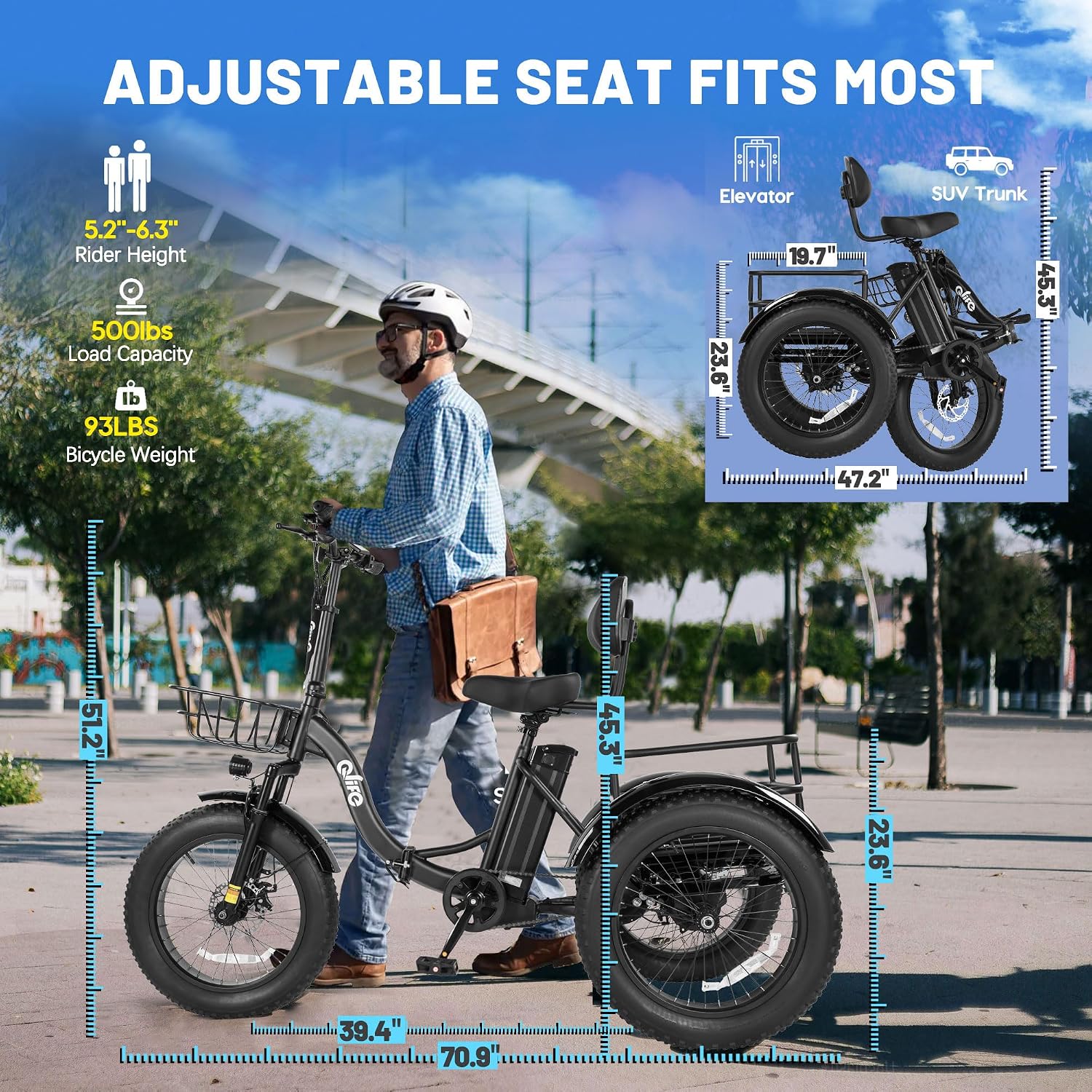 Qlife Triker Plus Electric Trike for Adults, Peak 1200W Motor Floding Trike Ebike, 624Wh E-Bike, 20MPH 65 Miles Electric Tricycle for Adults, 20x4.0 Fat Tire E-Bike, Foldable 3 Wheel for Adults