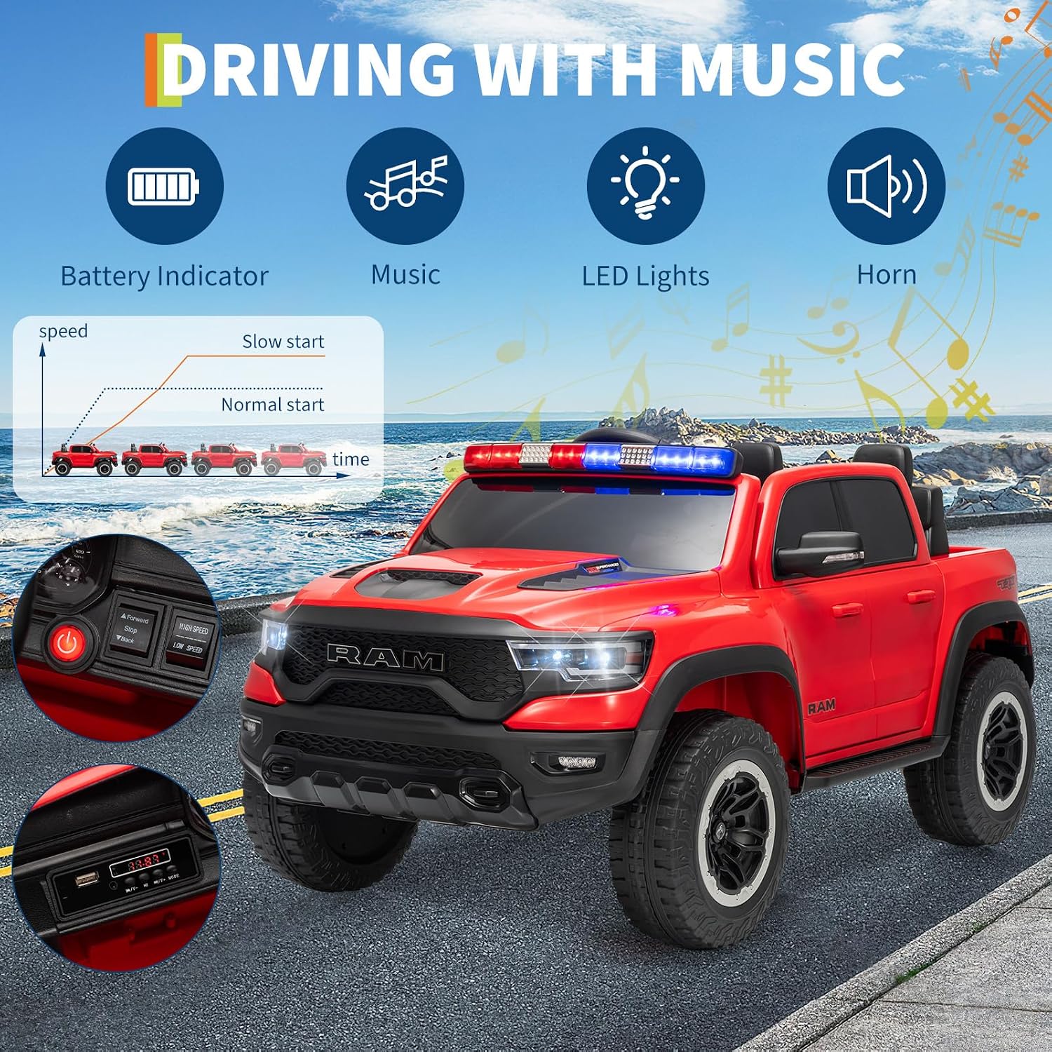 Garvee Ride On Car, Licensed RAM 12V Kids Ride On Police Car with Remote Control, Electric Pickup Truck for Toddlers, 3 Speeds, Spring Suspension, LED Lights & Parent Safety Lock