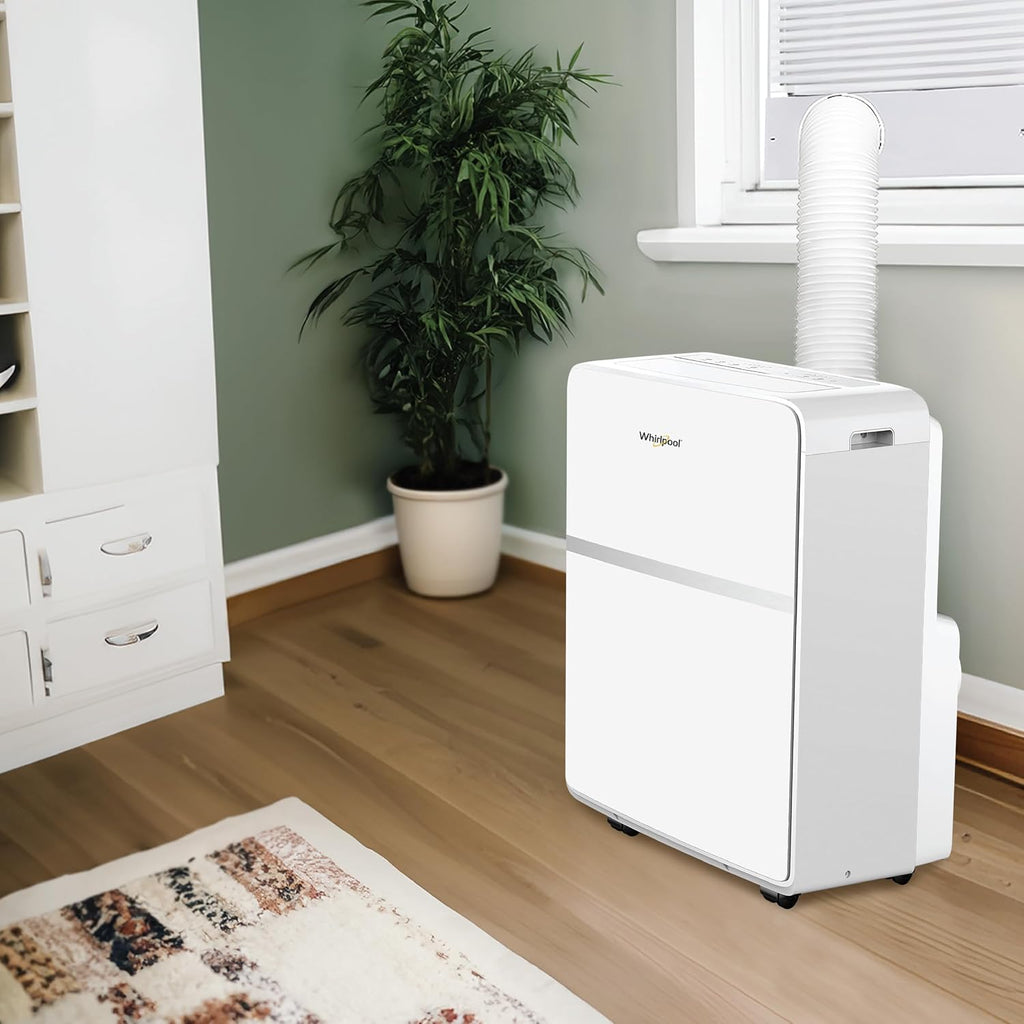 Whirlpool 8,000 BTU Portable Air Conditioner with Dehumidifier for Apartment, Bedroom, Small Rooms up to 200 Sq. Ft., 115V, with 3 Speeds, 24H Timer, and Remote Control, White