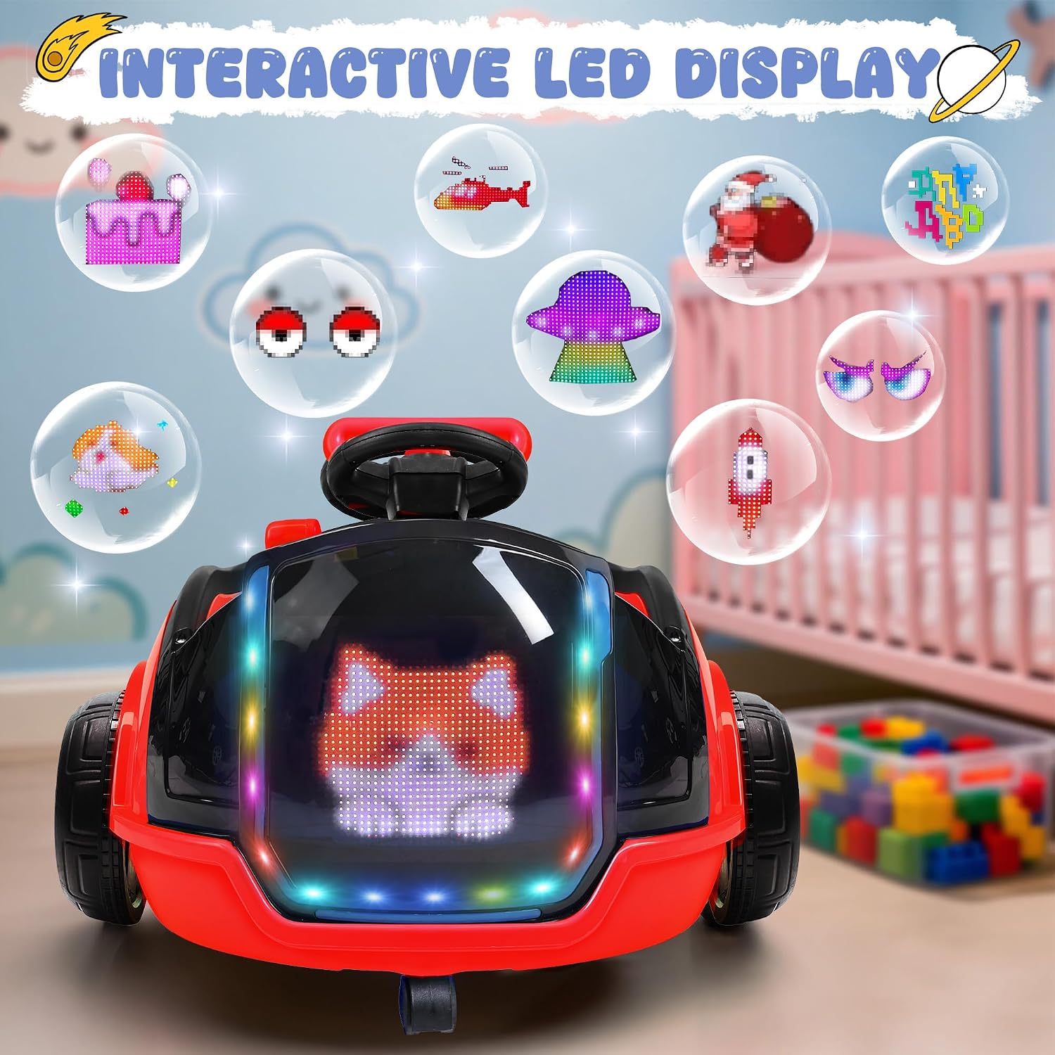 ANPABO 3-in-1 Electric Push Ride On Car, 12V Kids Ride On Toy w/Remote Control, 360° Spin, LED Display, 5-Point Safety Belt, Colorful LED Light, Music Player, Push Car for Toddler Ages 1-3 (Red)