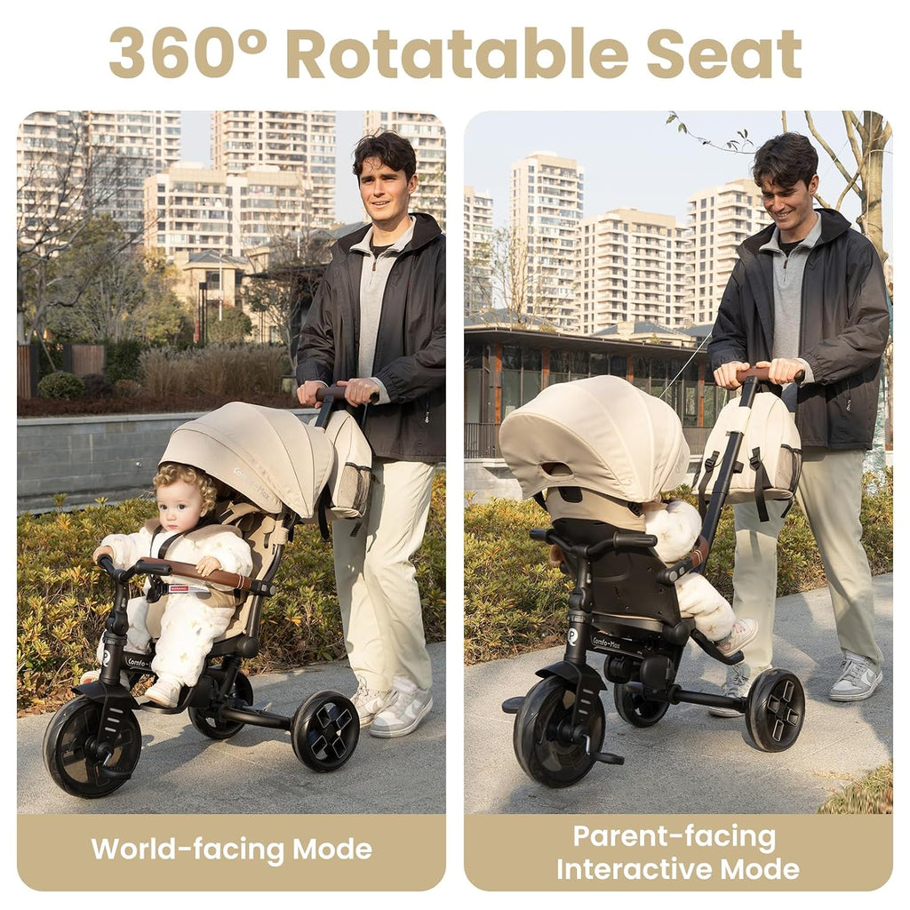 QPlay Toddler Bike Stroller for Baby 10 Months to 6 Years Old, 8-in-1 Foldable Stroller Bike for Toddlers 3-5 Boys & Girls Gifts Trike — Adjustable Handle, Triple Footrest, Canopy & Storage Bag
