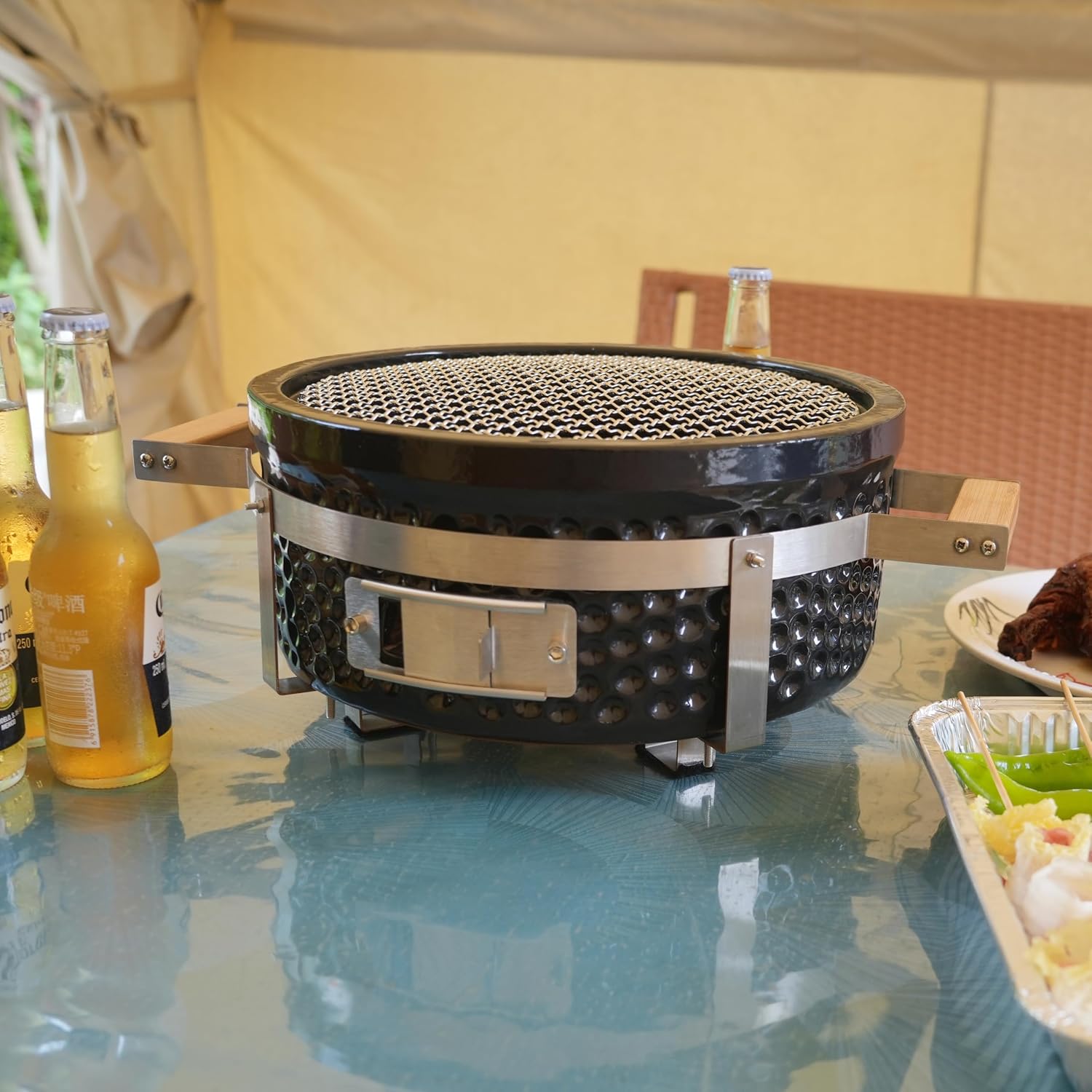 Yakitori Ceramic Charcoal Grill, Japanese Style Tabletop BBQ With Bamboo Heat Shield For Indoor/Outdoor, Round, DIA-14'
